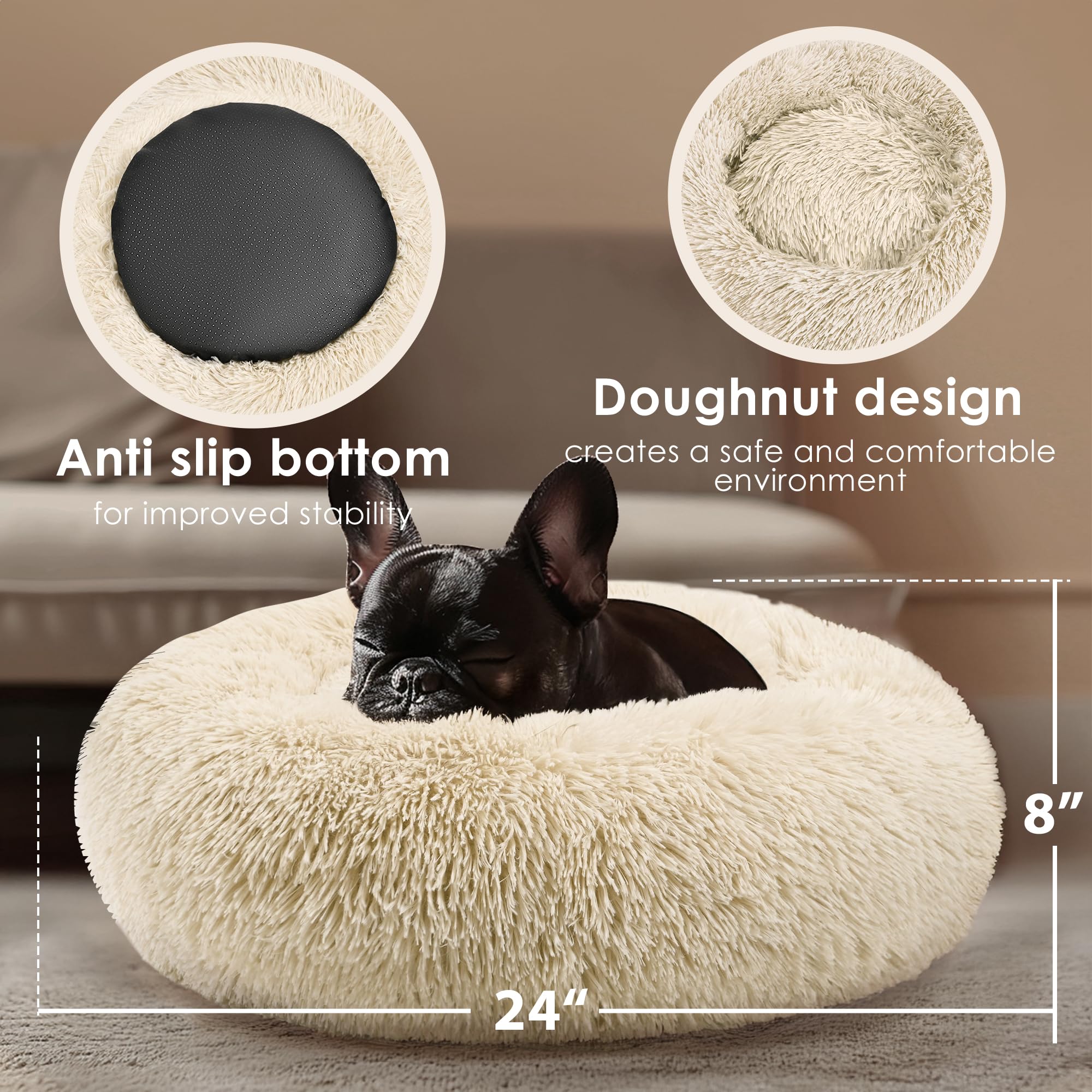 Dogs Bed For Small Dogs, Anti-Anxiety Washable Round Bed (Light Brown, 24.0'' L X 24.0'' W X 8.0'' Th)