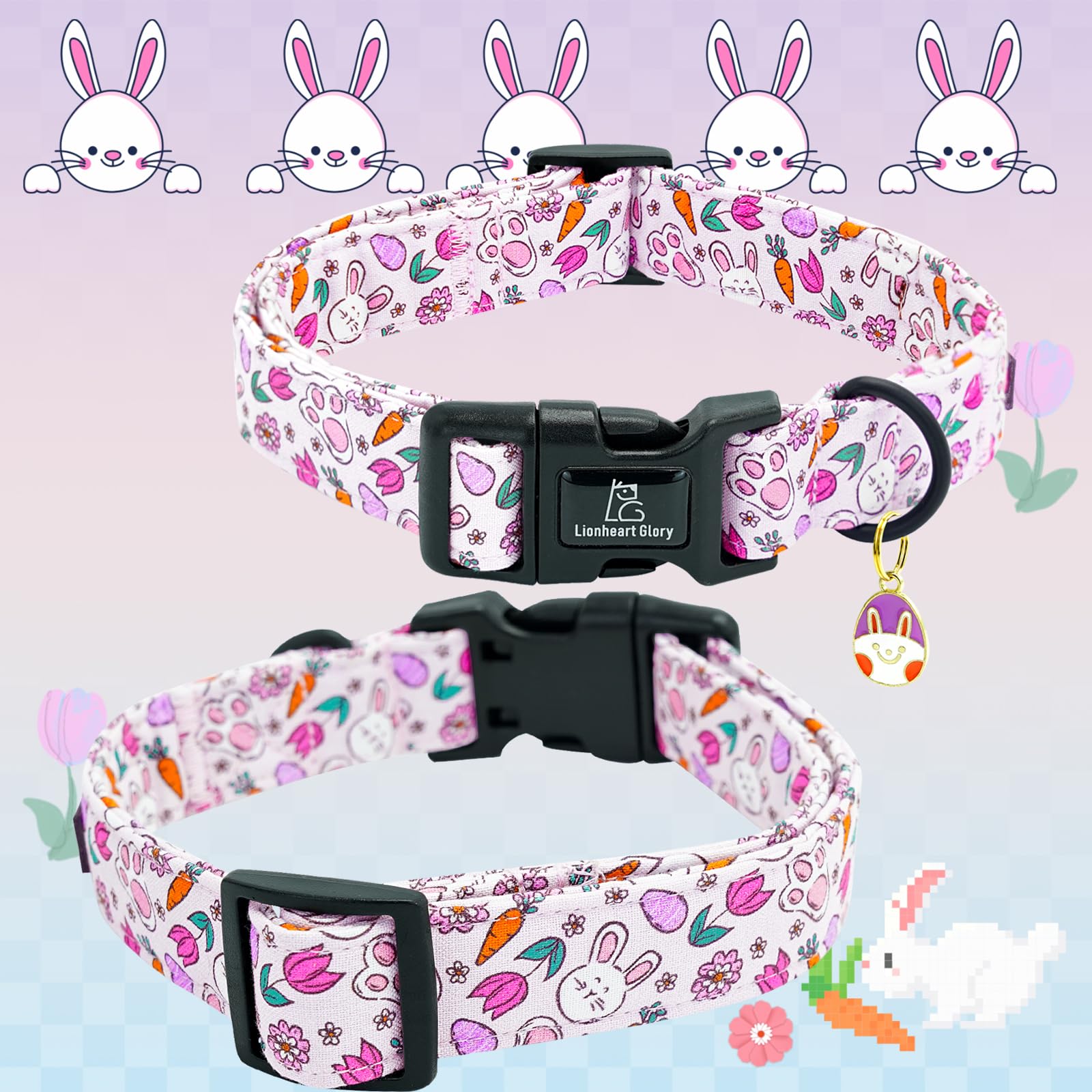 Lionheart Glory Easter Dog Collar-Easter Rabbit Eggs Dog Collars Cute Bunnies Carrot Dog Collar Adjustable Durable Soft Collar F