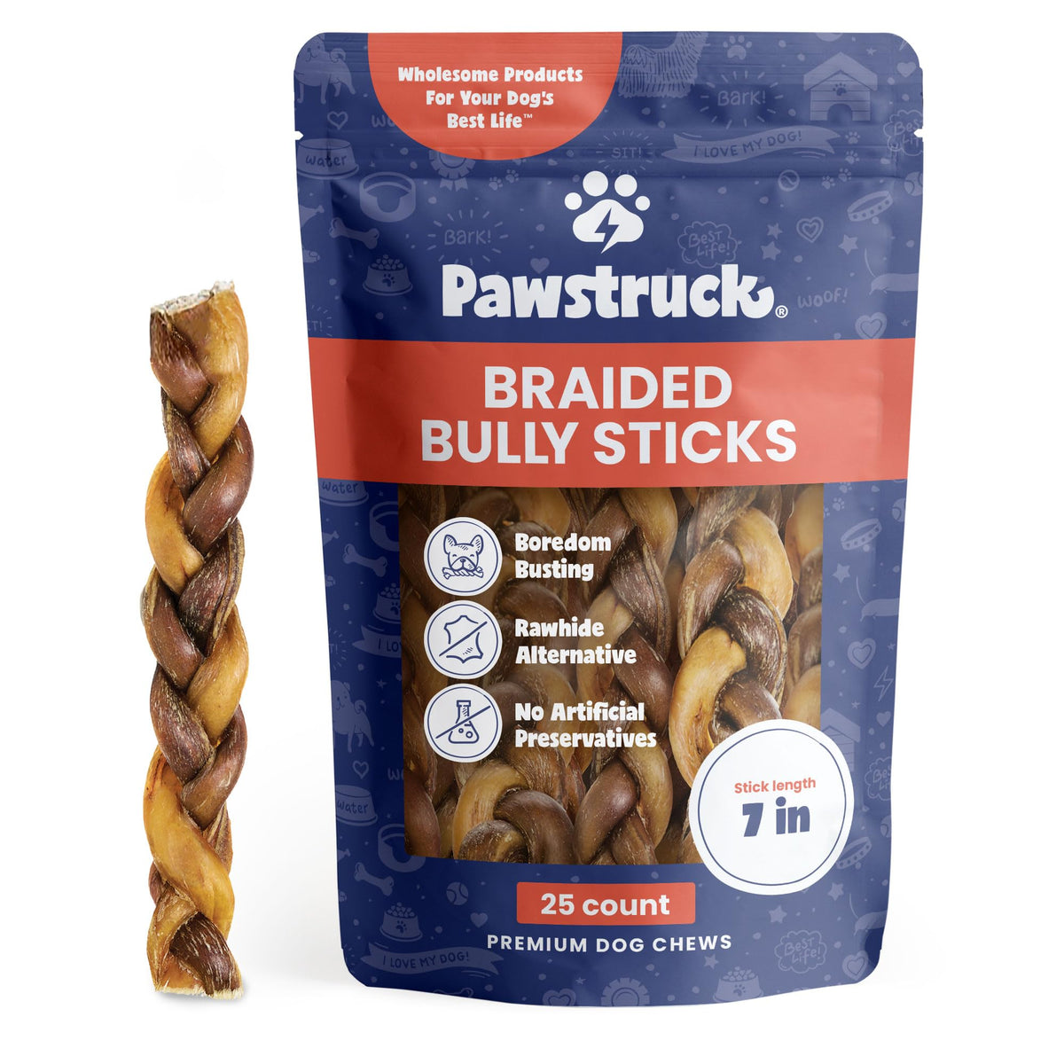 Pawstruck Natural 7” Braided Bully Sticks For Dogs - Tough Long Lasting, Rawhide Free, Low Odor, Healthy Single Ingredient Chew Treat For Aggressive Chewers - 25 Count - Packaging May Vary