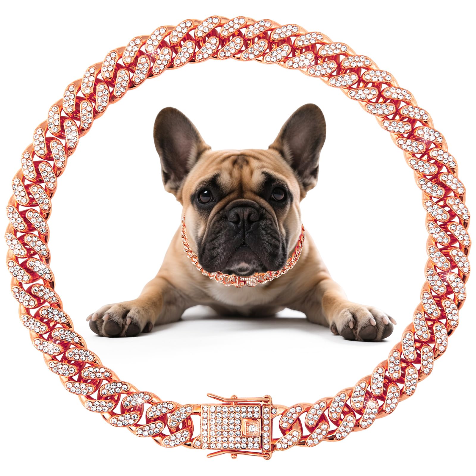Cuban Link Dog Collar Rose Glod Crystal Dog Necklace Metal Chain Collar With Design Secure Buckle Pet Collar Jewelry Accessories