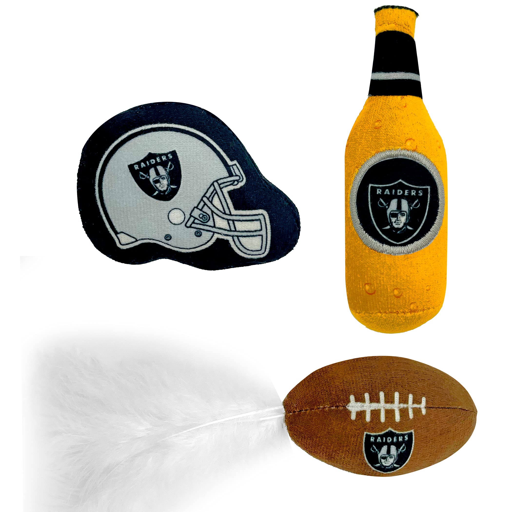 Pets First Plush Cat Toy Set - NFL Las Vegas Raiders, Catnip-filled, Includes Helmet, Football & Beer Bottle, Model OAK-5014