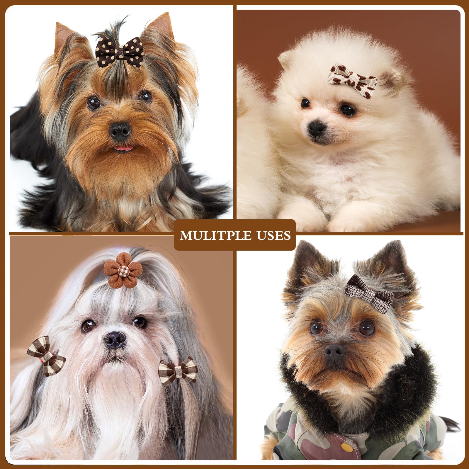 Mruq pet 20pc Brown Small Dog Hair Bows, Mix Holiday Dog Hair Bows for Yorkie Dogs, Puppy Dog Hair Accessories with Rubber Bands