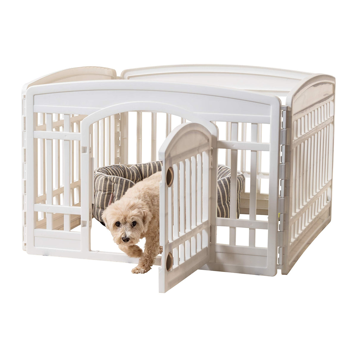 Iris Usa 24' Exercise 4-Panel Pet Playpen With Door, Dog Playpen, Puppy Playpen, For Puppies And Small Dogs, Keep Pets Secure, Easy Assemble, Fold It Down, Easy Storing, Customizable, White