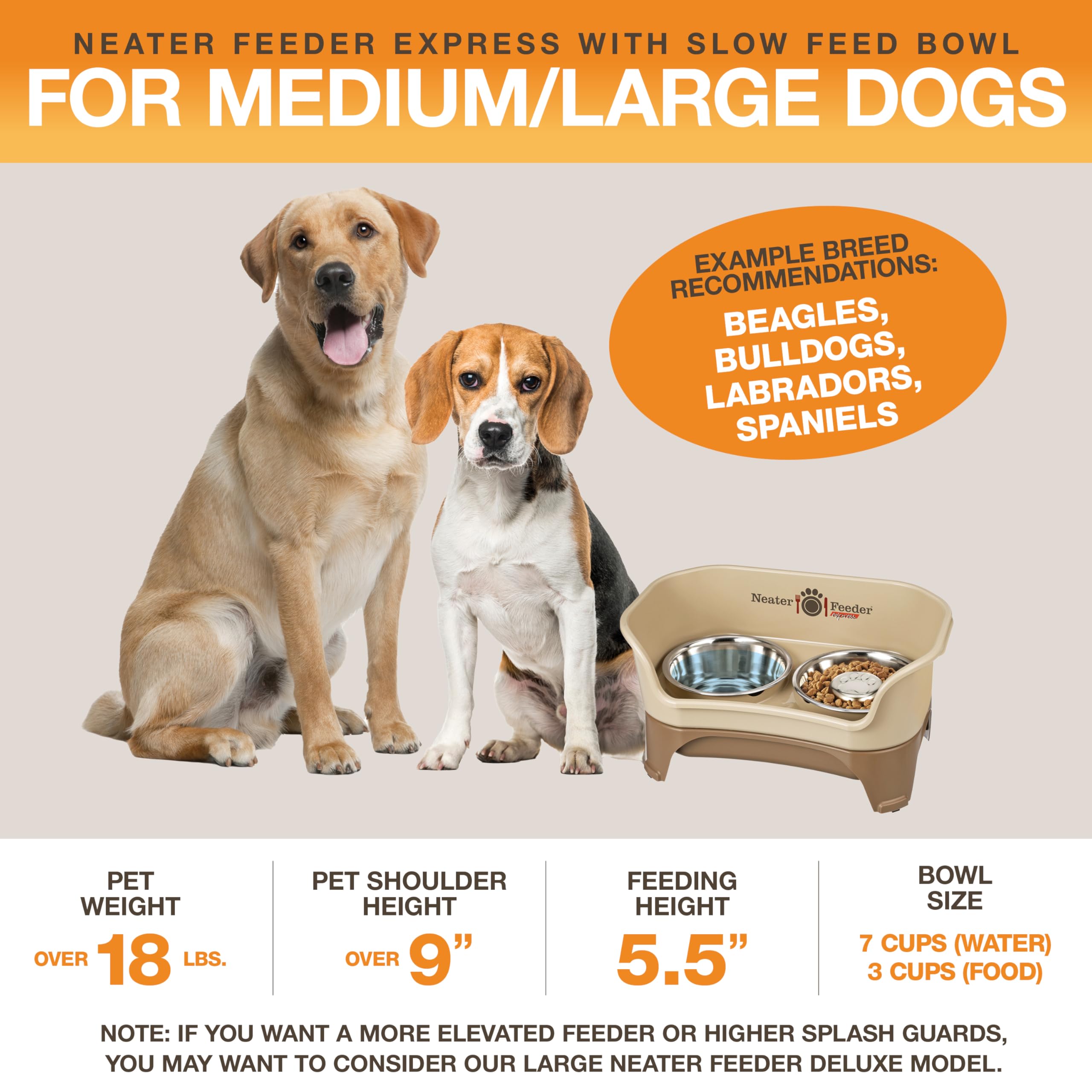 Neater Feeder - Express Model W/Slow Feed Bowl - Mess-Proof Dog Bowls (M/L, Cappuccino) Made In Usa -Elevated, No Spill, Non-Tip