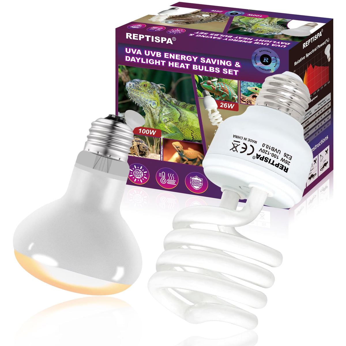 Heat Lamp Combo, 100W Uva Daylight Reptile Heat Lamp Bulb And 26W Desert 10.0 Uvb Light For Reptiles, Energy Saving Uvb Bulb, In