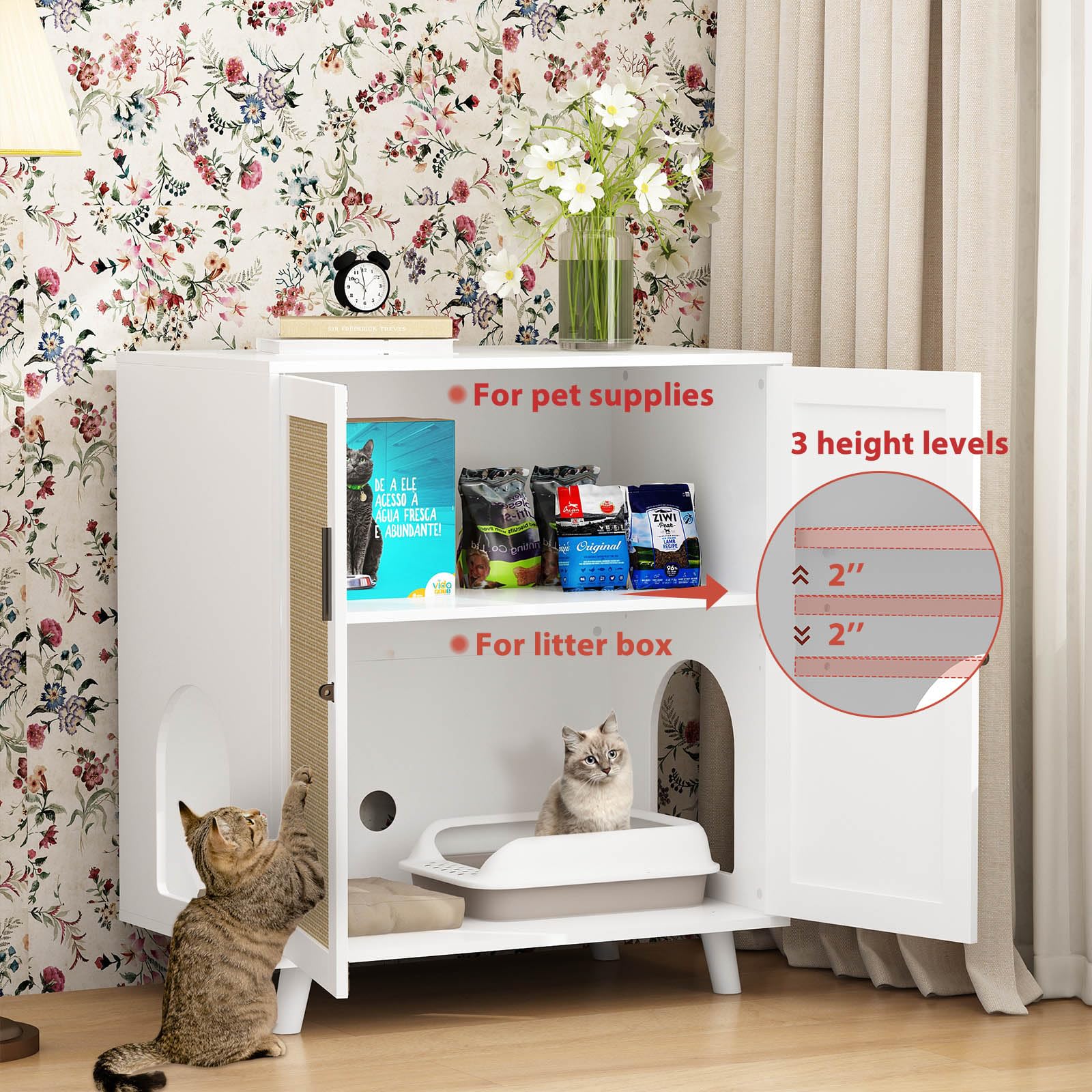 Lovinouse Large Cat Litter Box Enclosure,Hidden Kitty Litter Furniture With Sisal Covered Doors,2-Layer Wooden Cat Washroom Cabi