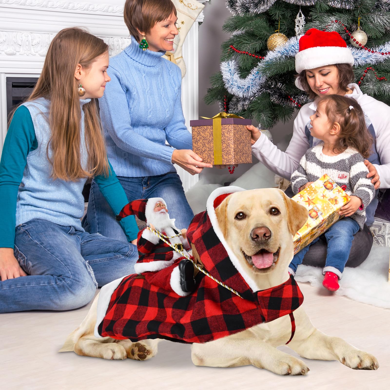 Cooshou Dog Christmas Costume - Santa Claus Riding On Pet Winter Plaid Hoodie Coat For Dog Cat Holiday Outfit Xmas Clothes M