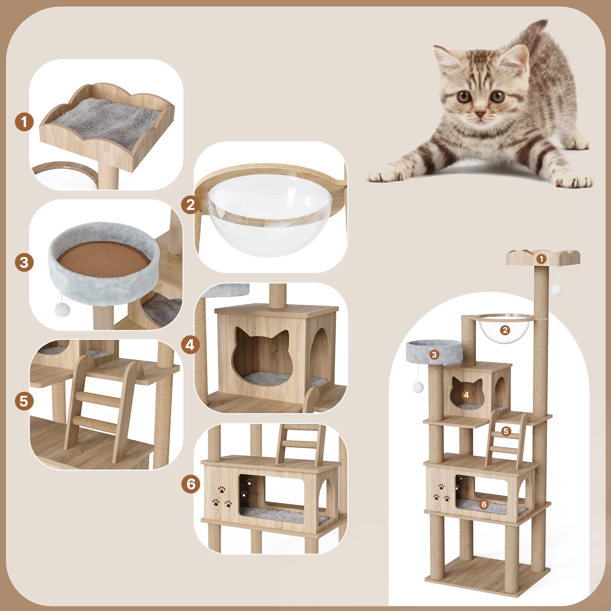 Mondeer Wood Cat Tree For Indoor Cats, 72'' Tall Cat Tower For Large Cat With Scratching Post Condos Perches And Capsule Nest Mo