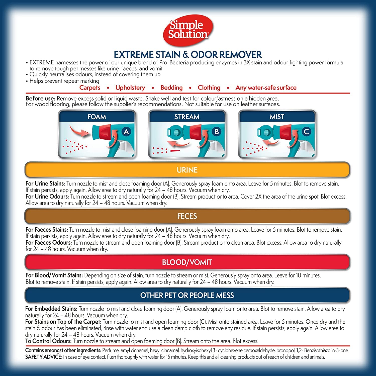 Simple Solution Extreme Pet Stain And Odor Eliminator Spray For Dogs And Cats - Enzymatic Cleaner With 3X Pro-Bacteria Cleaning