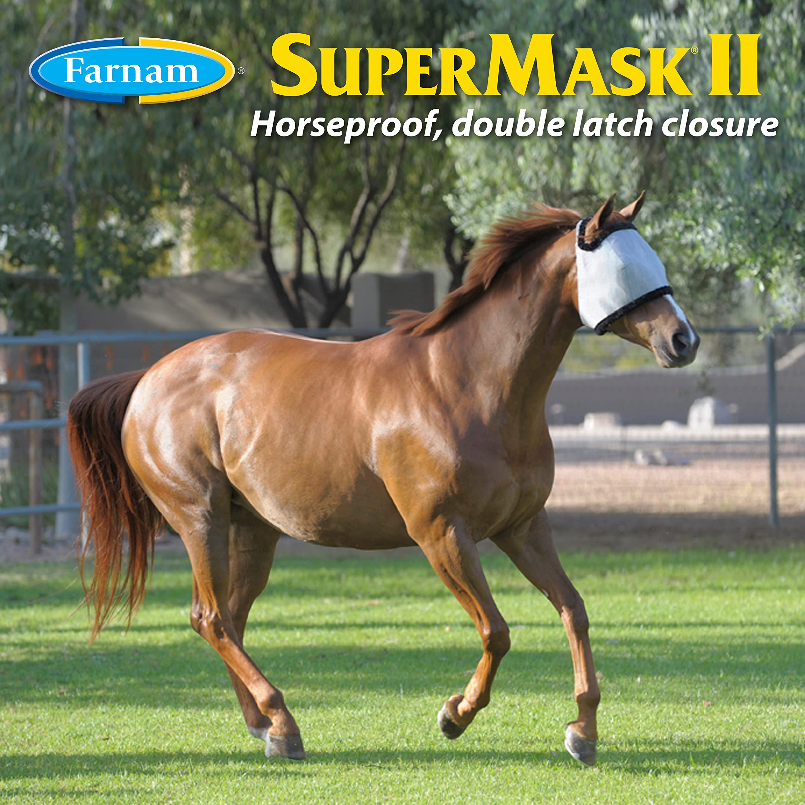 Farnam SuperMask II Horse Fly Mask, Silver/Black, Soft Mesh, Eye Protection, Model 100503737, Without Ears, Horse Size