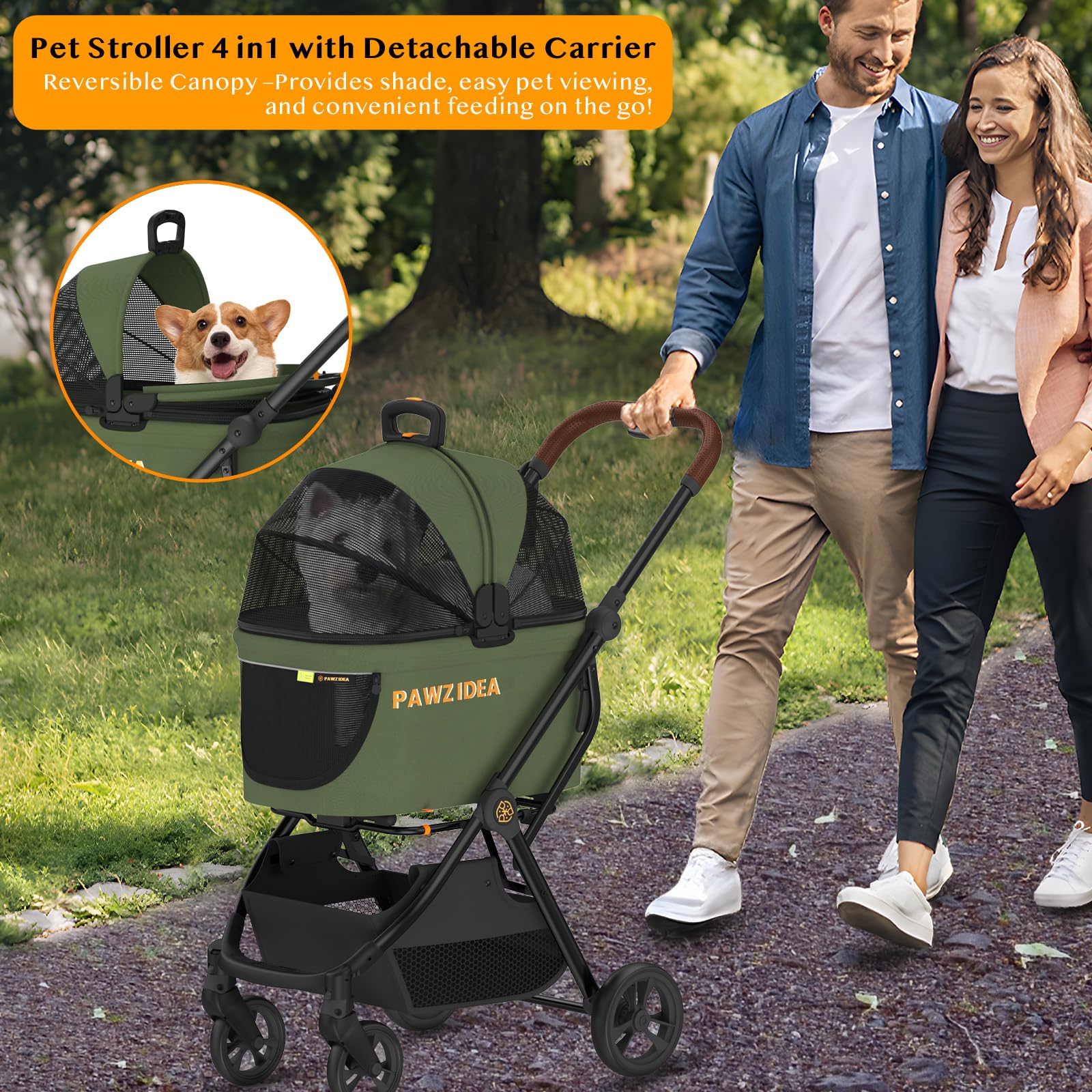 Pawzidea Cat Stroller 4 In 1, Pet Stroller For Small/Medium Dogs With Detachable Carrier Easy Lock No-Zip Canopy, Seatbelt Dog C