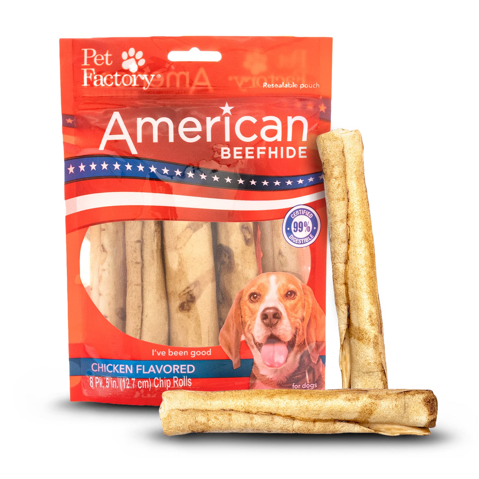 Pet Factory American Beefhide 5 Chip Rolls Dog Chew Treats - Chicken Flavor, 8 Count/1 Pack
