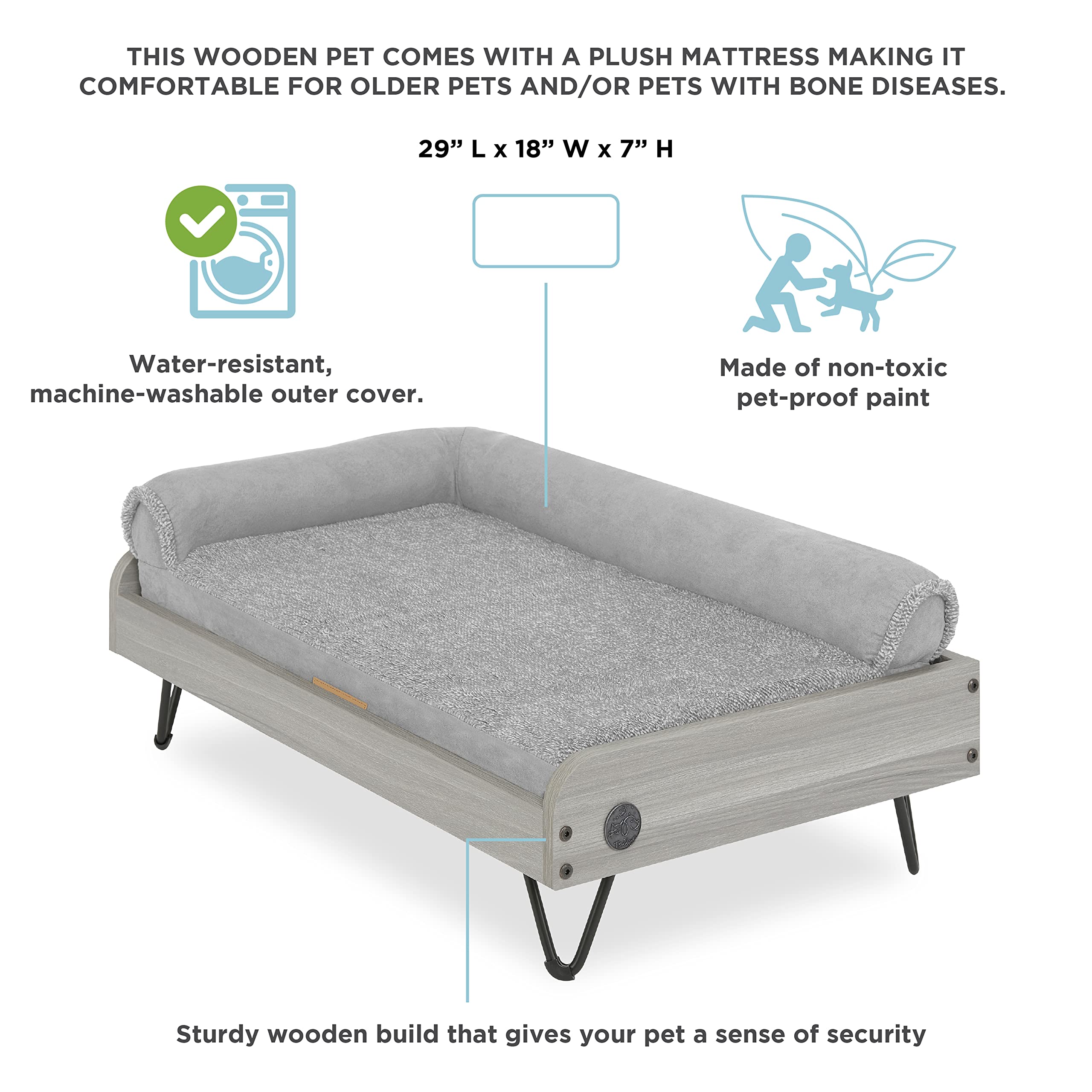 Tailzzz Wooden Dog Bed With Water Resistant Mattress, Small To Medium Elevated Pet Bed With Calming Mattress, Greenguard Gold Ce
