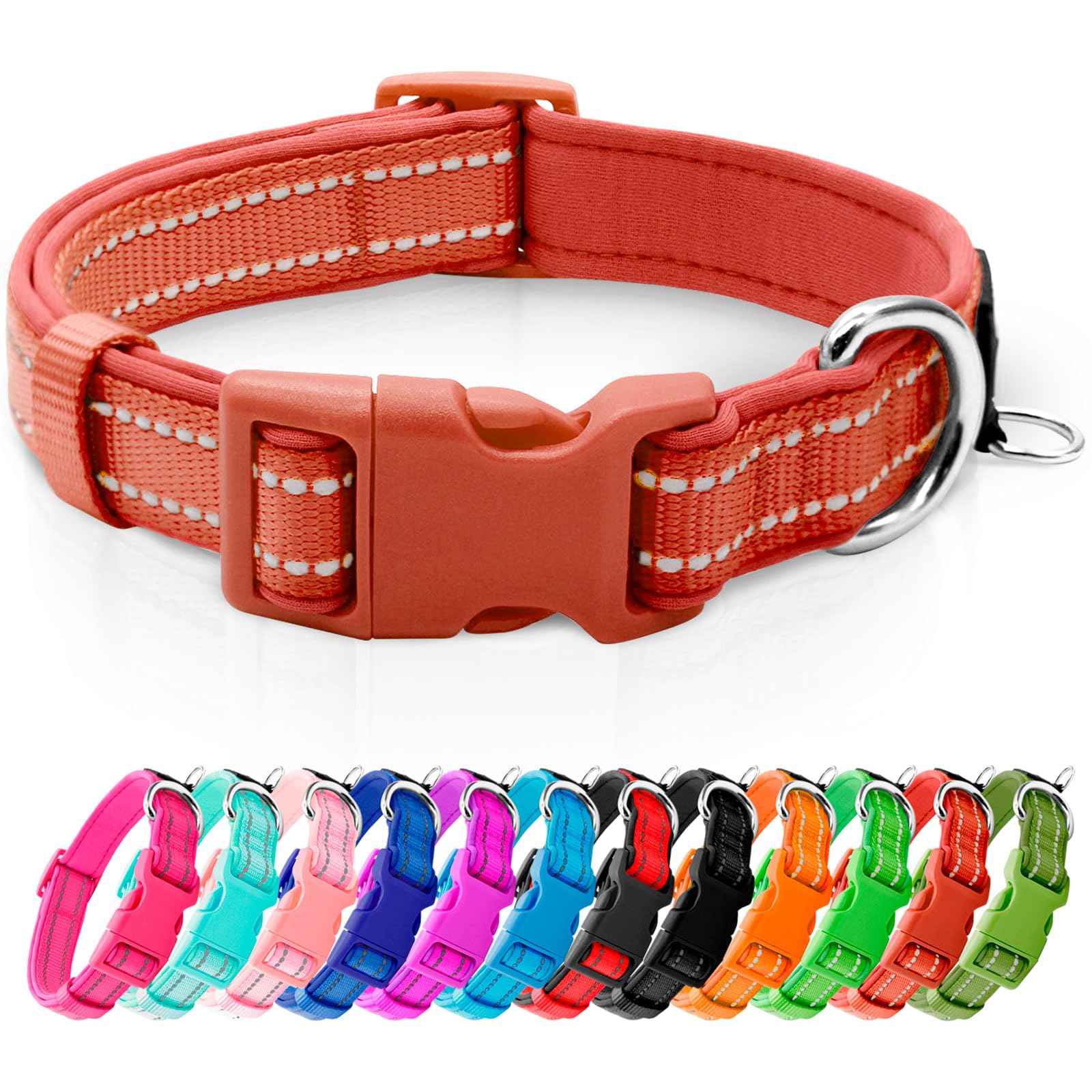 Azuza Reflective Dog Collar, Soft Neoprene Padded Pet Collar With Id Tag Ring, Adjustable For Medium Dogs,Rust Red,M