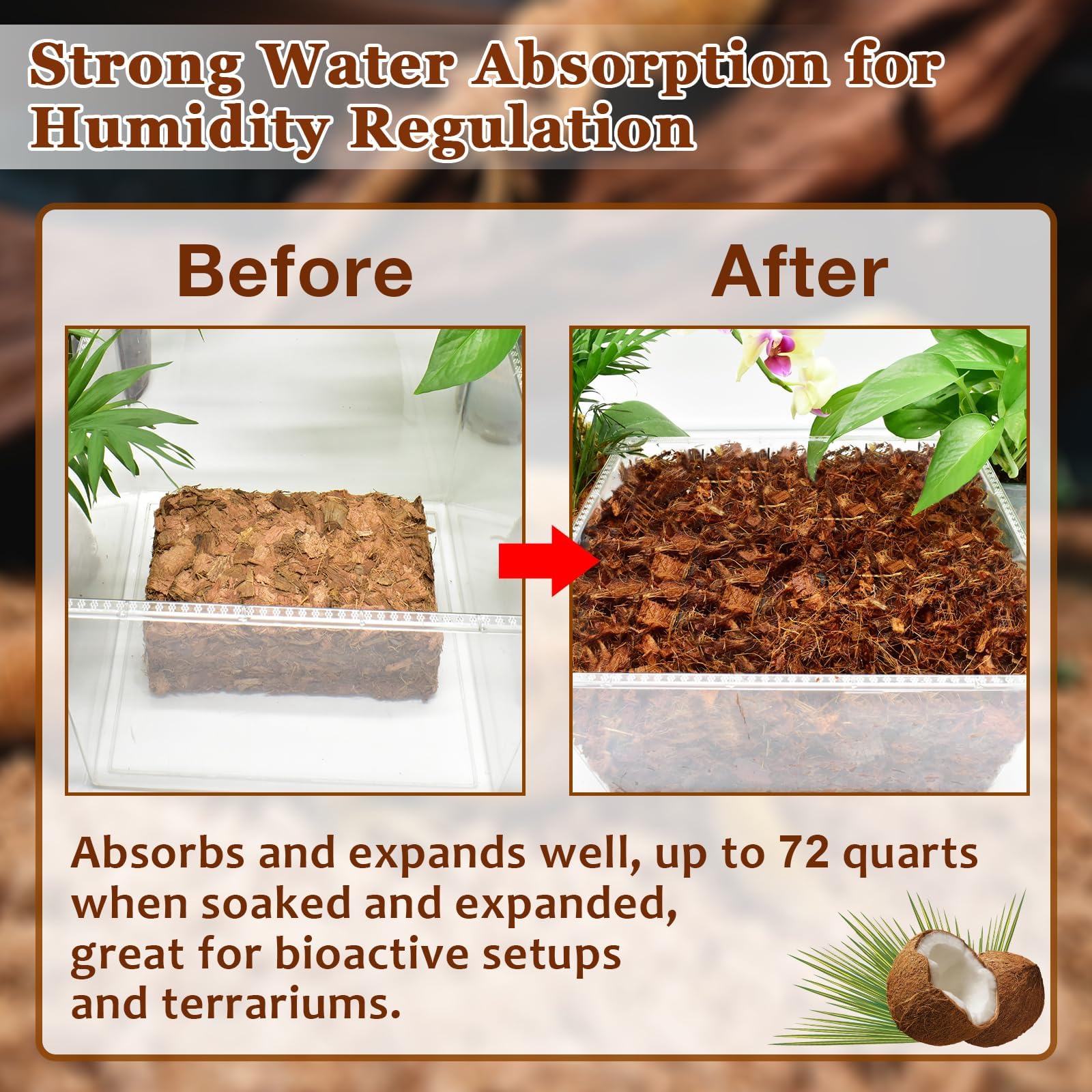 Halatool 10Lb Coconut Chips Substrate For Reptiles 72Qt Natural Coco Husk Snake Bedding For Ball Python Coco Coir Chip Terrarium