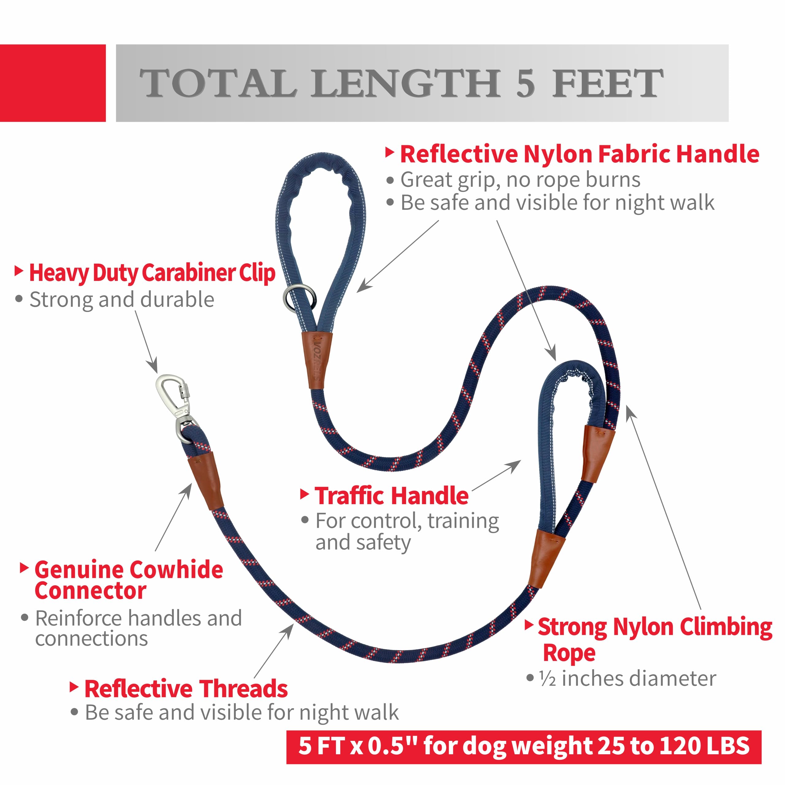 Vozrels Dog Leash Heavy Duty 5Ft, Double Handle Dog Leash With Padded Handle For Traffic Control, Reflective Rope Leashes With C