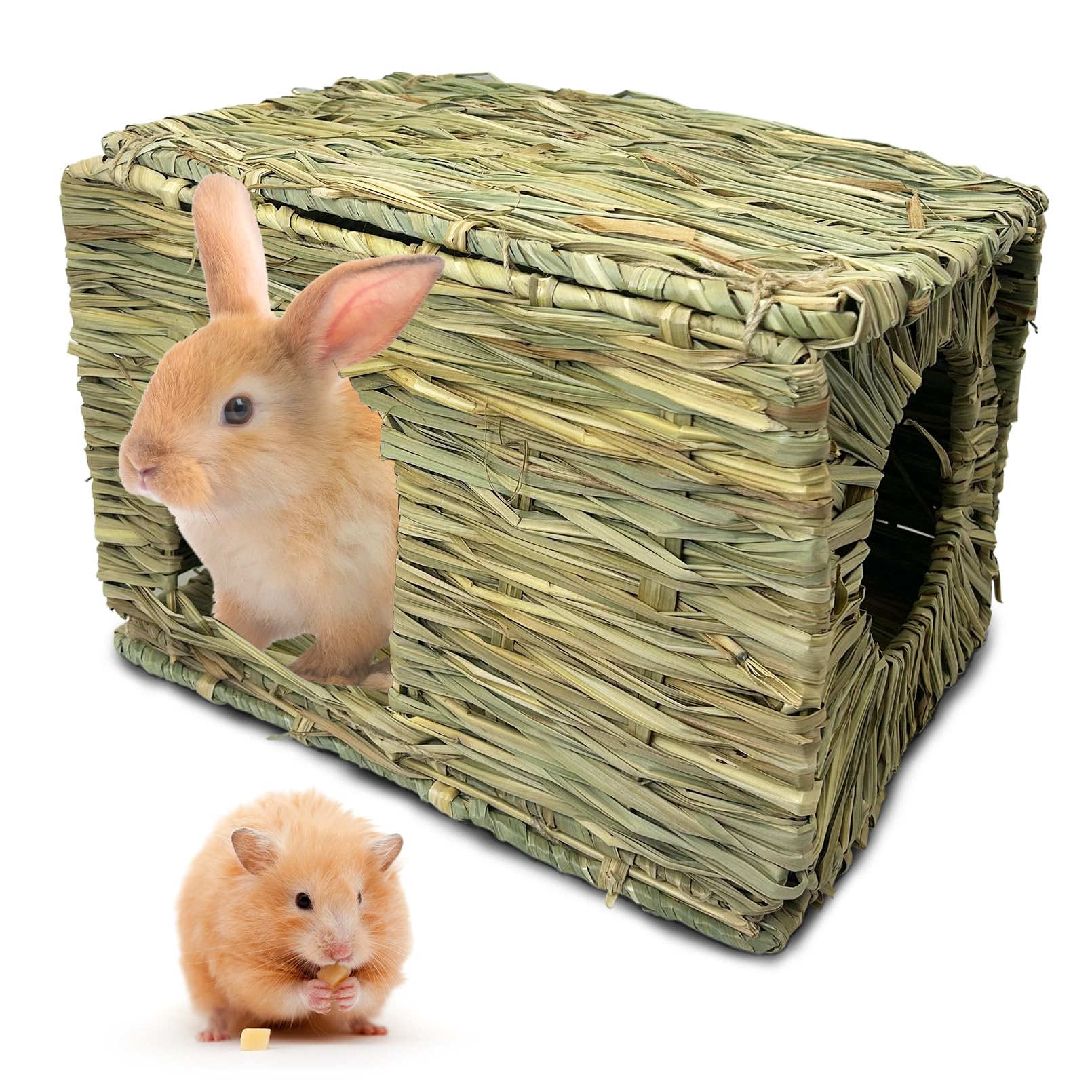 Hamiledyi Large Rabbit Grass House Hand Woven Natural Bunny Hut Foldable Play Bed Safe Cozy Hideaway Hay Mat Chew Toys For Hamst
