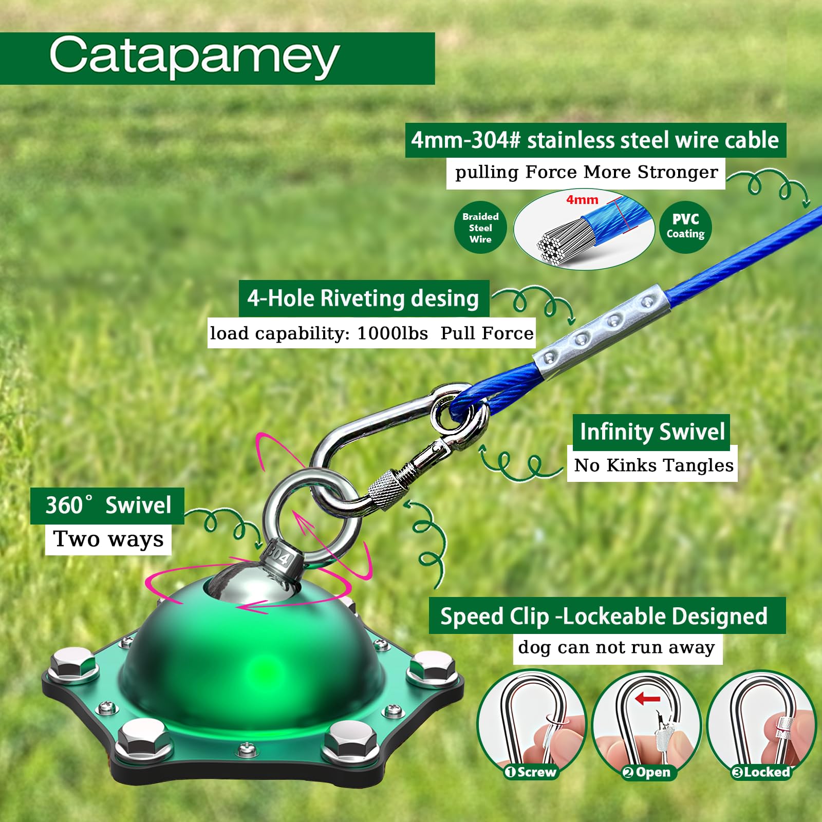 Catapamey Dog Tie Out Cable and Stake,360Swivel Dog Run Anchors-with 30FT Heavy Duty tie Out Cable,Runner for Yard- Up to 150 lb