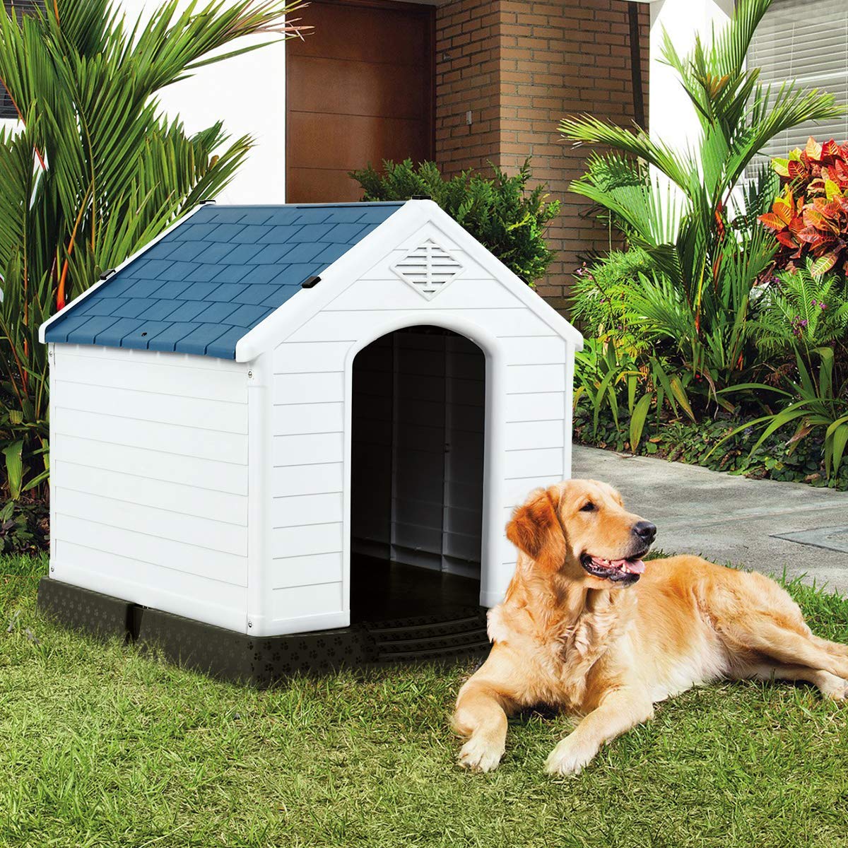 Giantex Dog House For Medium Dogs, Waterproof Plastic Dog Houses With Air Vents And Elevated Floor, Easy To Assemble, Outdoor Cat House Feeding Station Indoor Patio Backyard Dog Kennel House