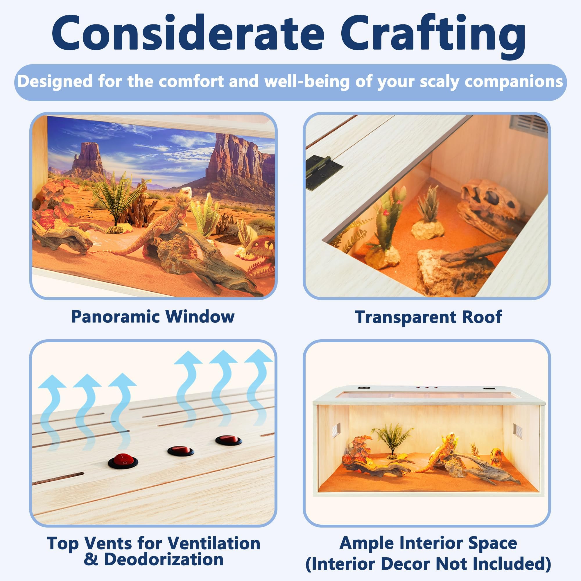 Prolee Reptile Terrarium, Lizard Tank Up To 68 Gallons, Bearded Dragon Tank With Roof Door, Snake Tank With Built-In Lamp Fixtur