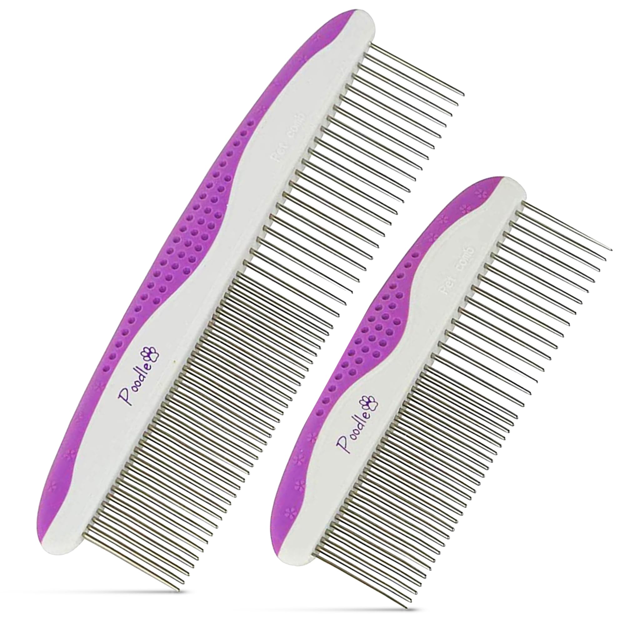 Poodle Pet Dog Combs For Grooming | 2 Pack | Stainless Steel Teeth Easily Remove Dirt | Proper Care Prevents Knots And Mats For Long And Short Haired Pets |Anti-Slip Comfort Grip Handle| Purple