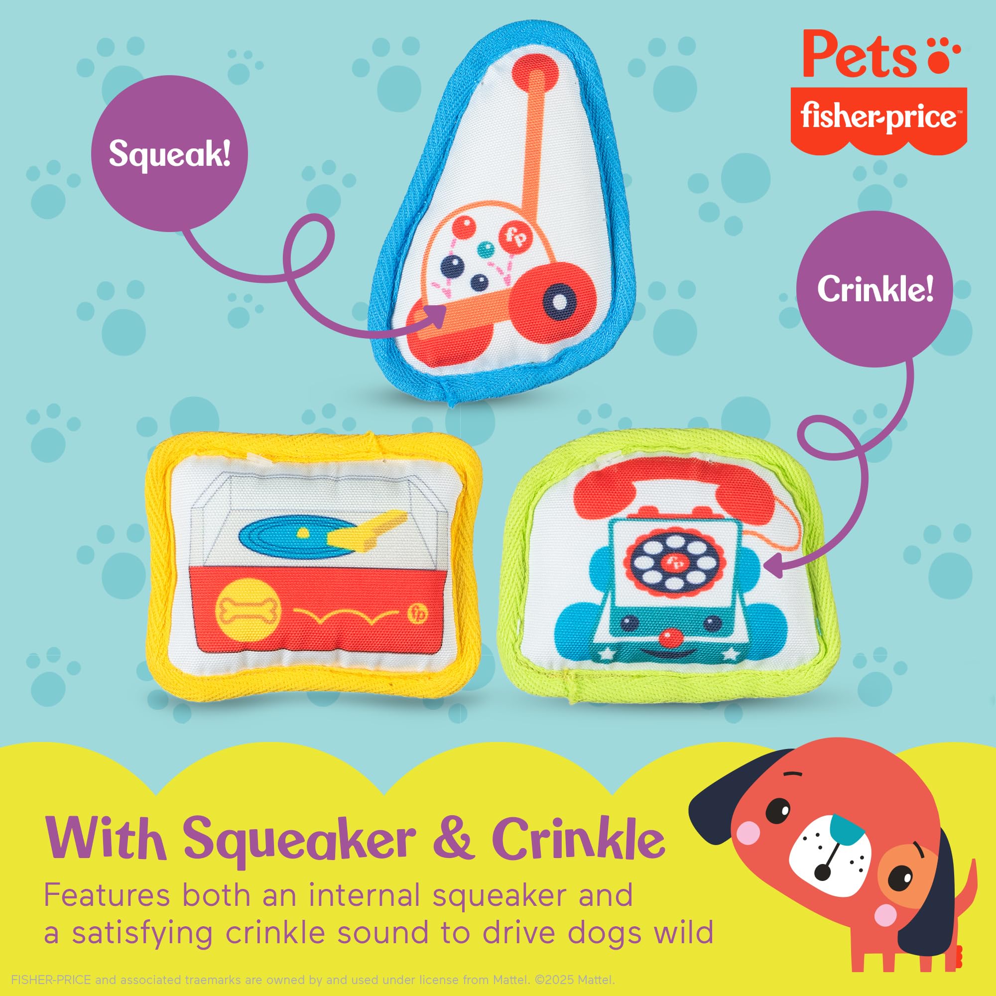 Fisher-Price for Pets 3 Piece Fun Flatties Toys for Dogs, Featuring Classic Toy Designs, with Squeaker and Crinkle Sounds, Devel