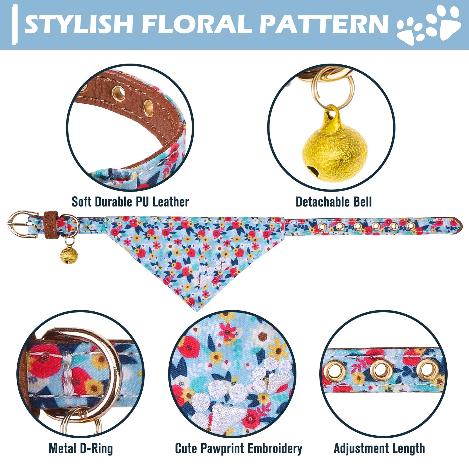 Expawlorer Puppy Collar And Leash Set - Embroidery Floral With Cute Flower Bow Tie, Bandana And Bell For Dogs Cats Outdoor Walki