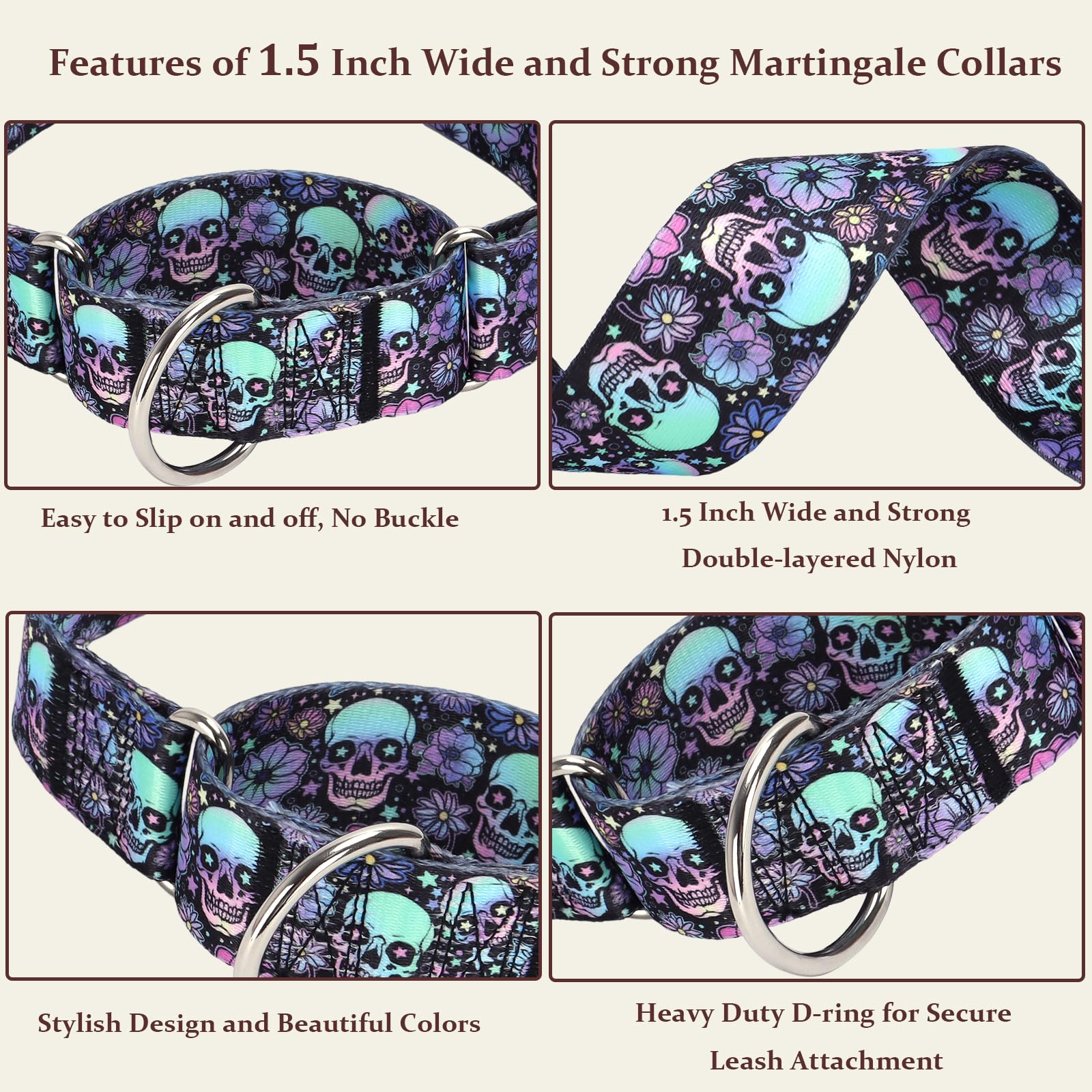 Martingale Dog Collar 1.5 Inch Wide - Heavy Duty Skull Design For Large Dogs, Adjustable Training Collar For Walking, Hunting, A