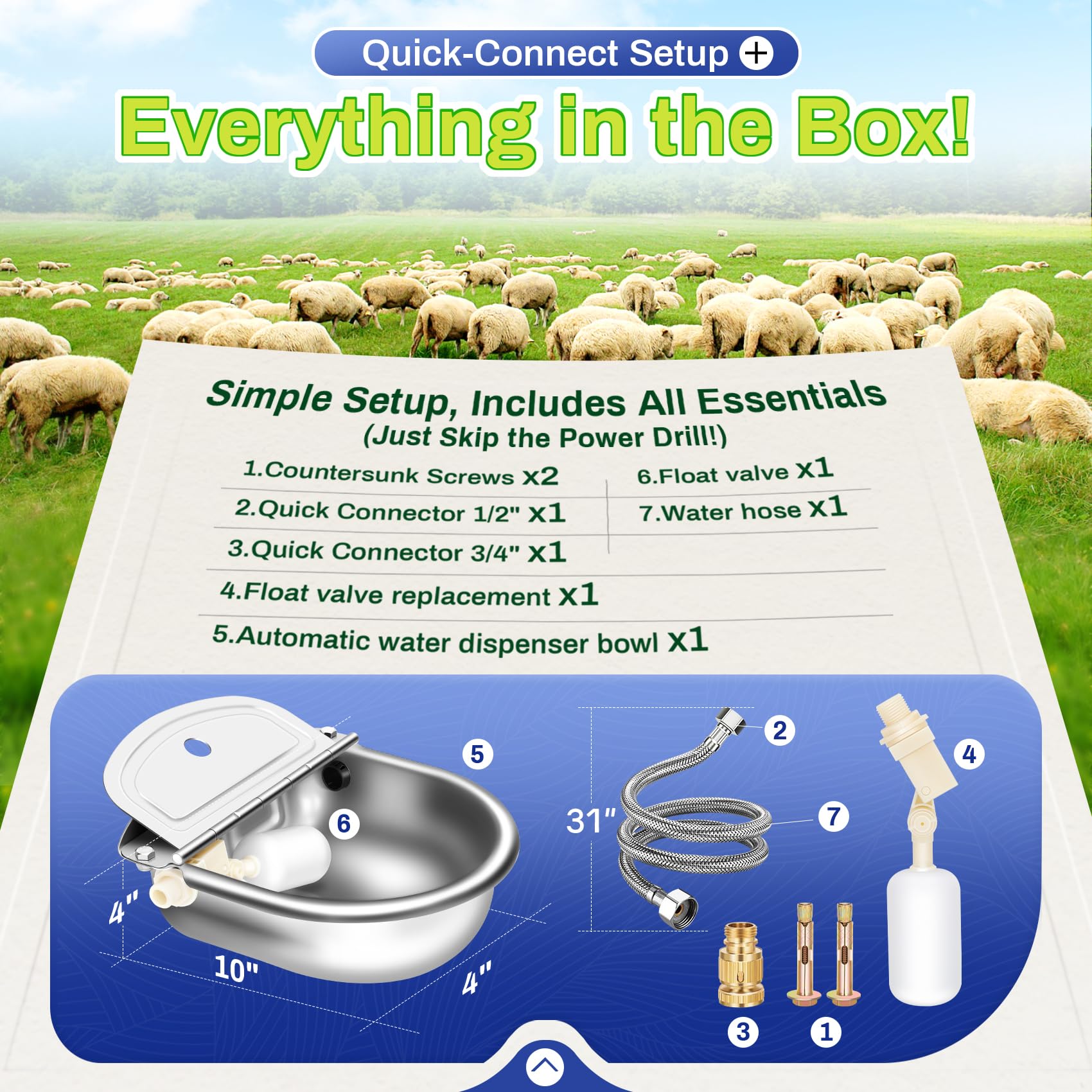 Ademon Automatic Animal Drinking Water Bowl, Stainless Steel, Standard Setup, Metallic, Model 001, Includes Float Valve and Accessories