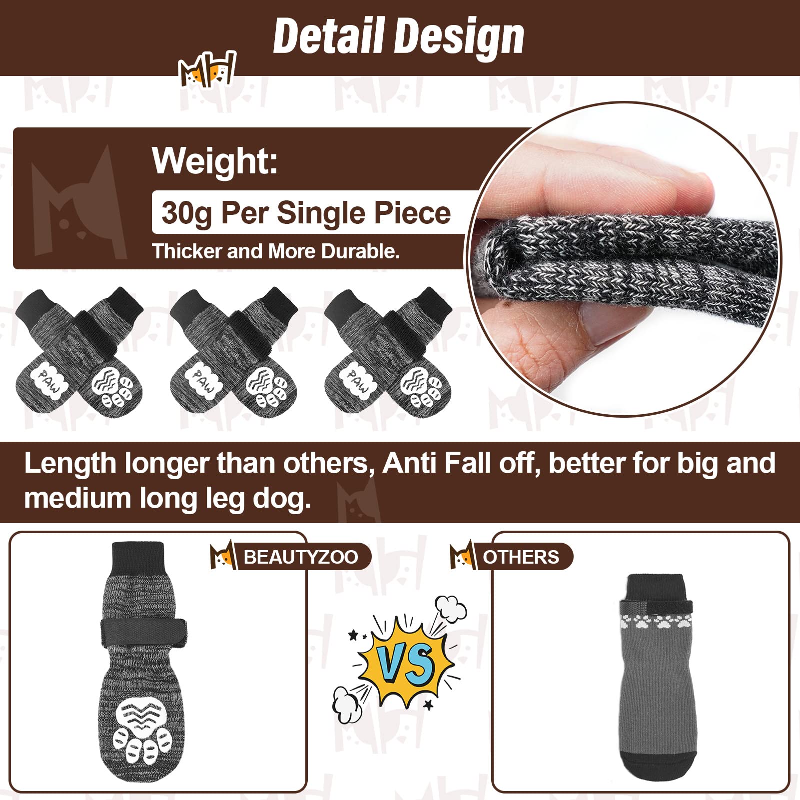 Beautyzoo Anti Slip Dog Socks For Small Medium Large Dogs With Grips Straps On Hardwood Floor Protection Wear, Traction Control 3 Pairs Double Side Paw Protector To Prevent Licking For Girl Or Boy