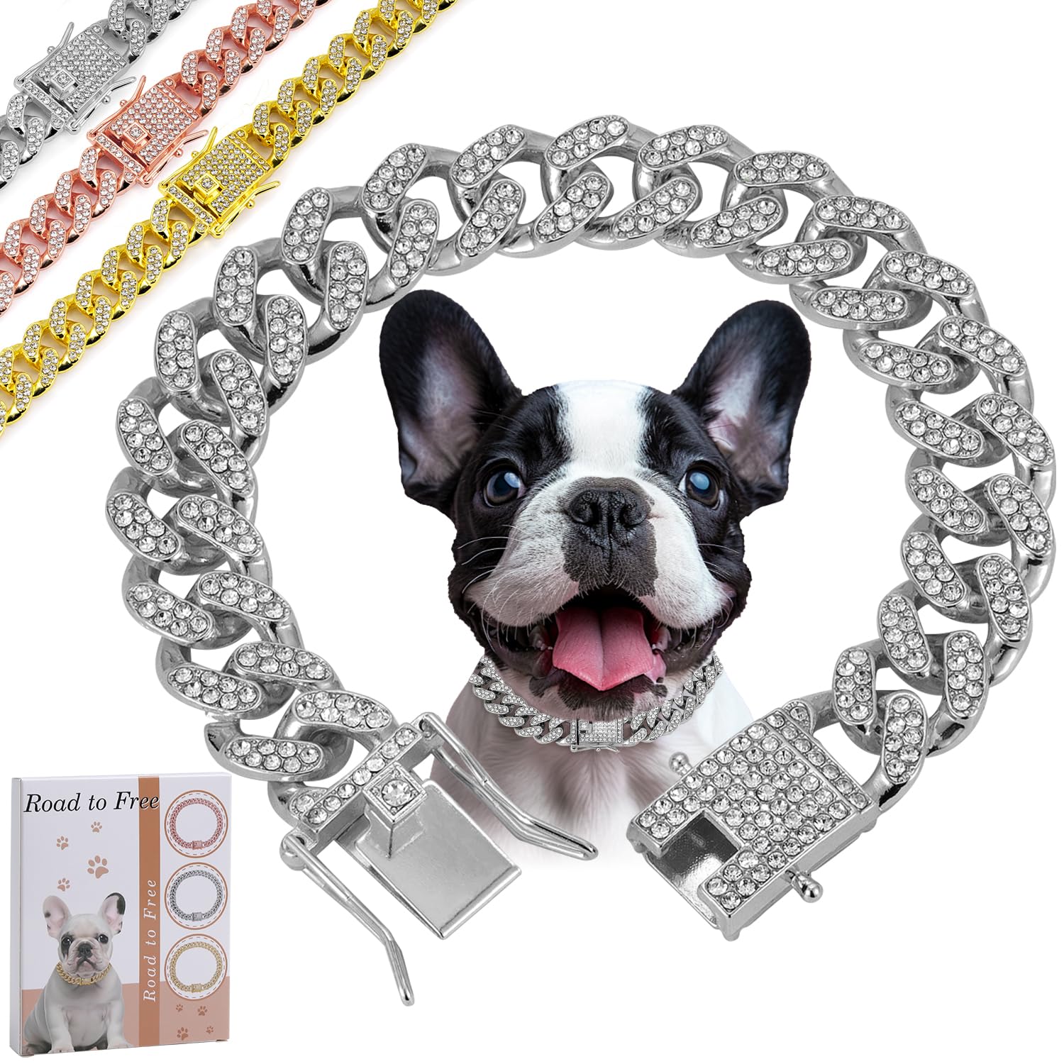 Silver Dog Chain Diamond Collar Walking Metal Chain Collar With Secure Buckle, Pet Cuban Style Collar Jewelry Accessories For Sm