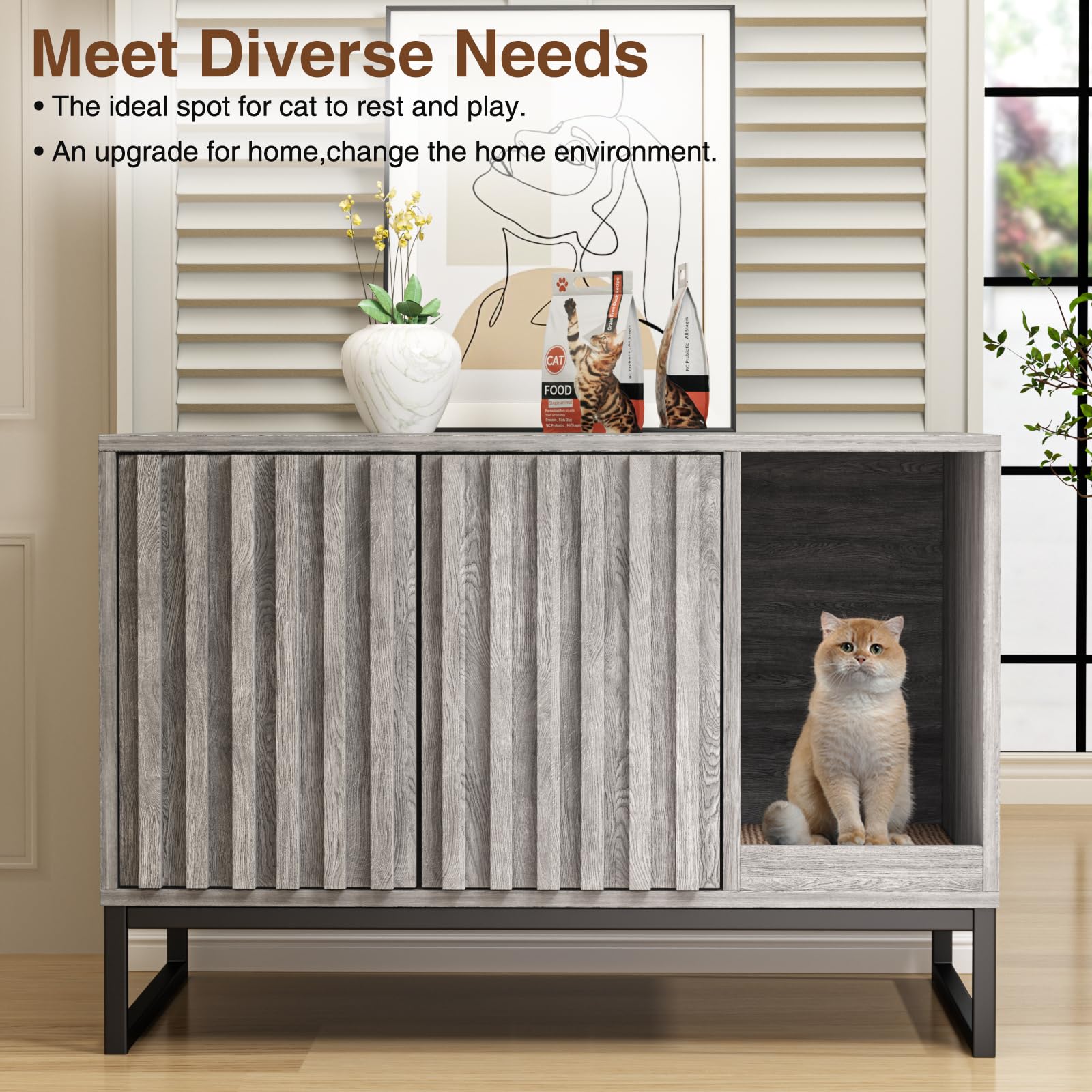 Halitaa Litter Box Enclosure, Modern Cat Litter Box Enclosure Furniture Hidden Litter Box With Cat Scratch Pad, Cat Washroom Cat