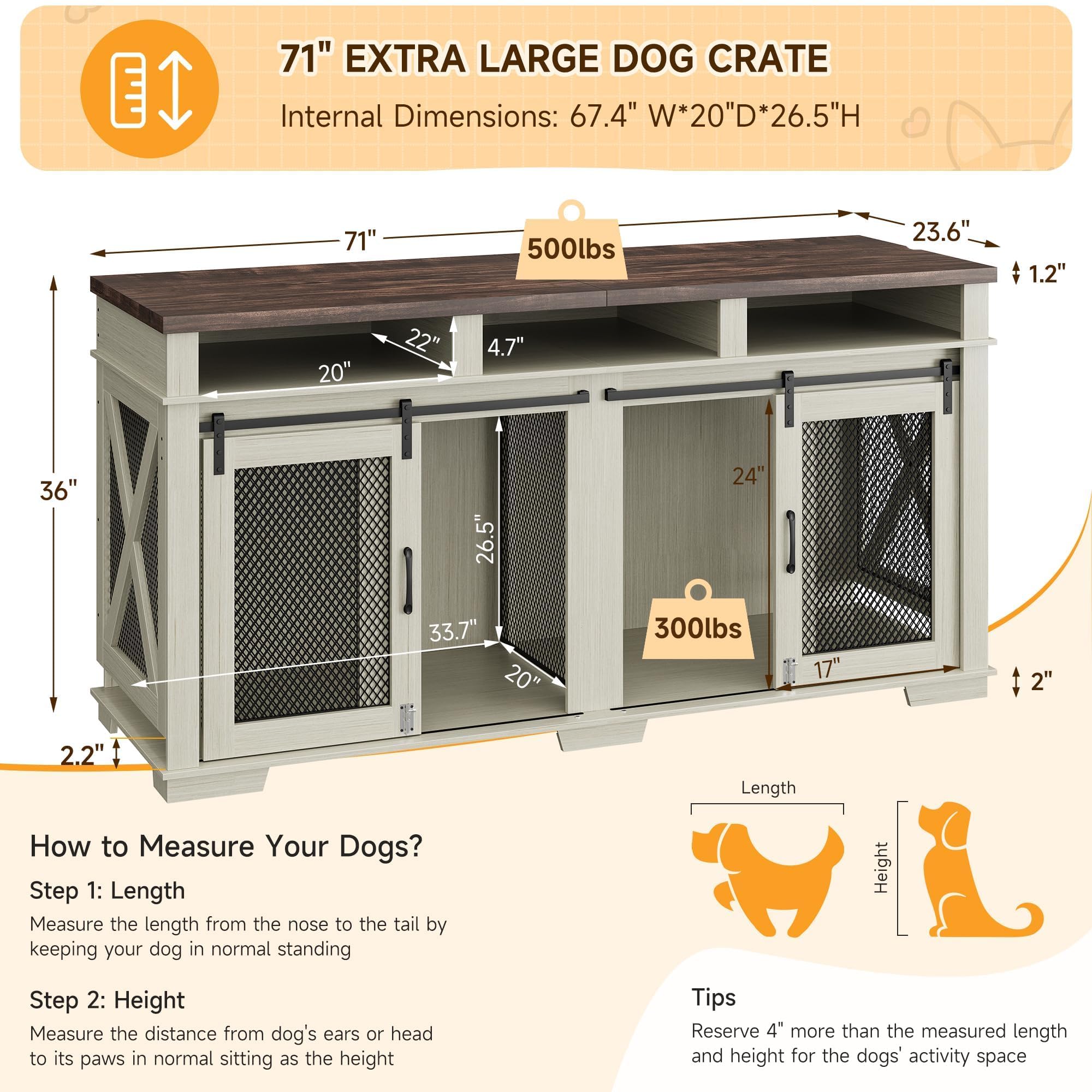 Dog Crate Furniture, 71 Heavy Duty Dog Crate Furniture with 3 Storage Compartments & Removable Divider, Stylish Double Dog Kenne
