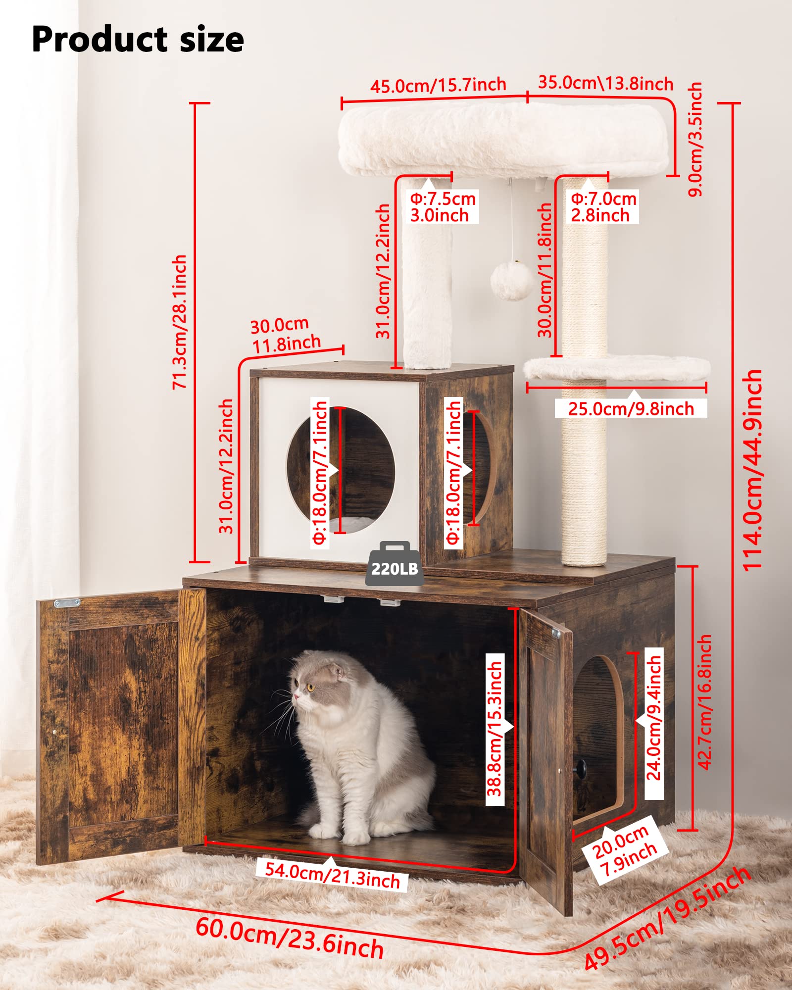 Fourfurpets Multipurpose Cat Litter Box Enclosure With Cat Tree And Condo, Side Table, With Large Platform, Cat House, Full Sisal Posts, Removable Washable Cushion, Rustic Brown