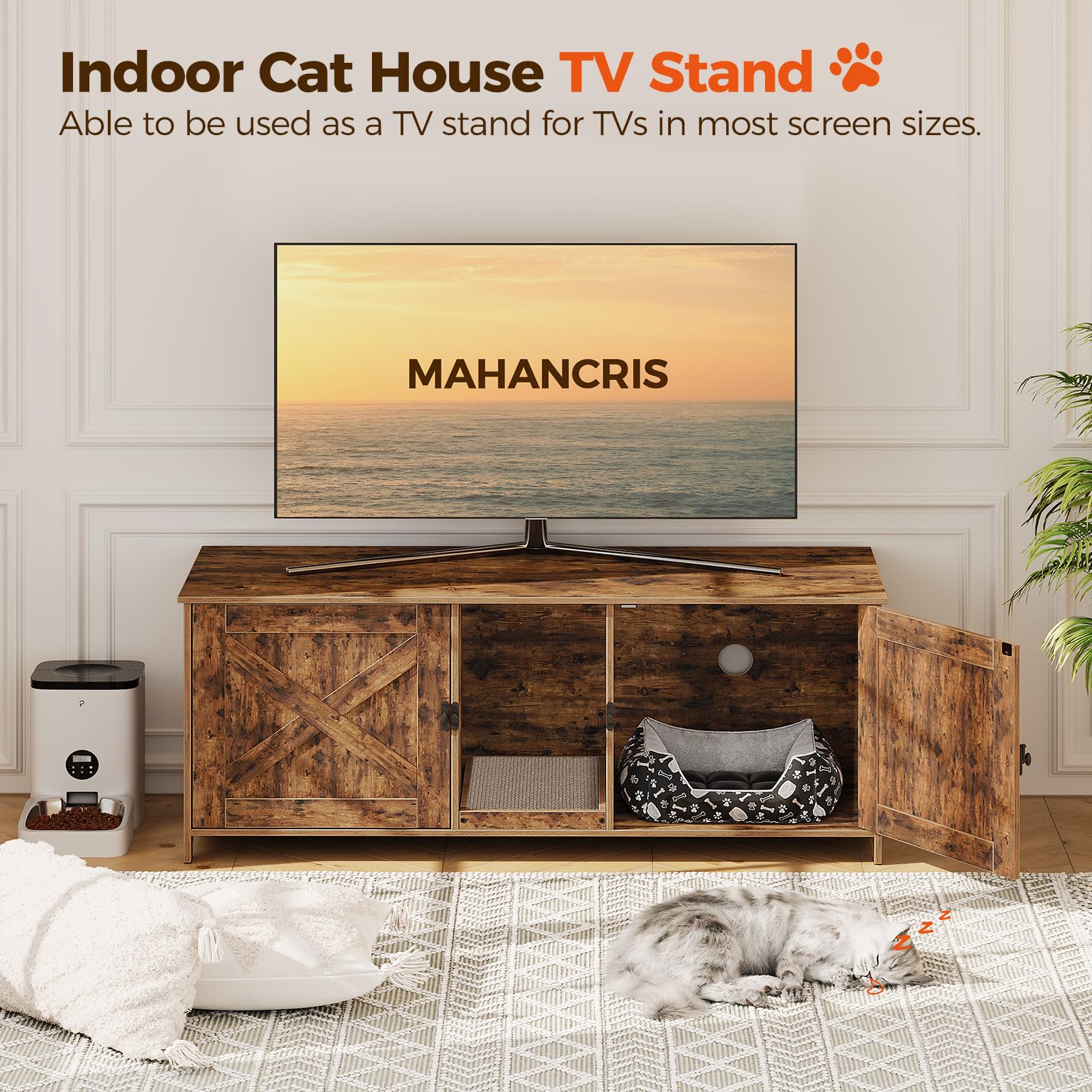 Mahancris Cat Litter Box Enclosure For 2 Cats, 47.2'' Hidden Cat Litter Box Furniture With Double Room, Wooden Cat Washroom With