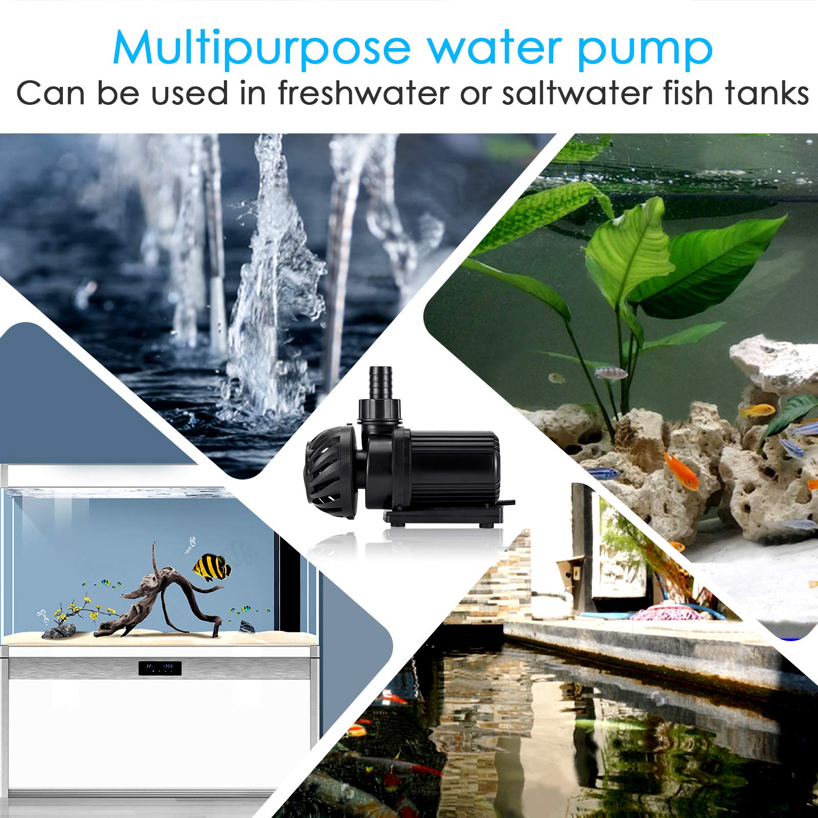 AQQA 800-3200GPH Controllable Water Pump - Multifunction Submersible Pump, 45W, Black, Model AQ006 for Saltwater & Freshwater