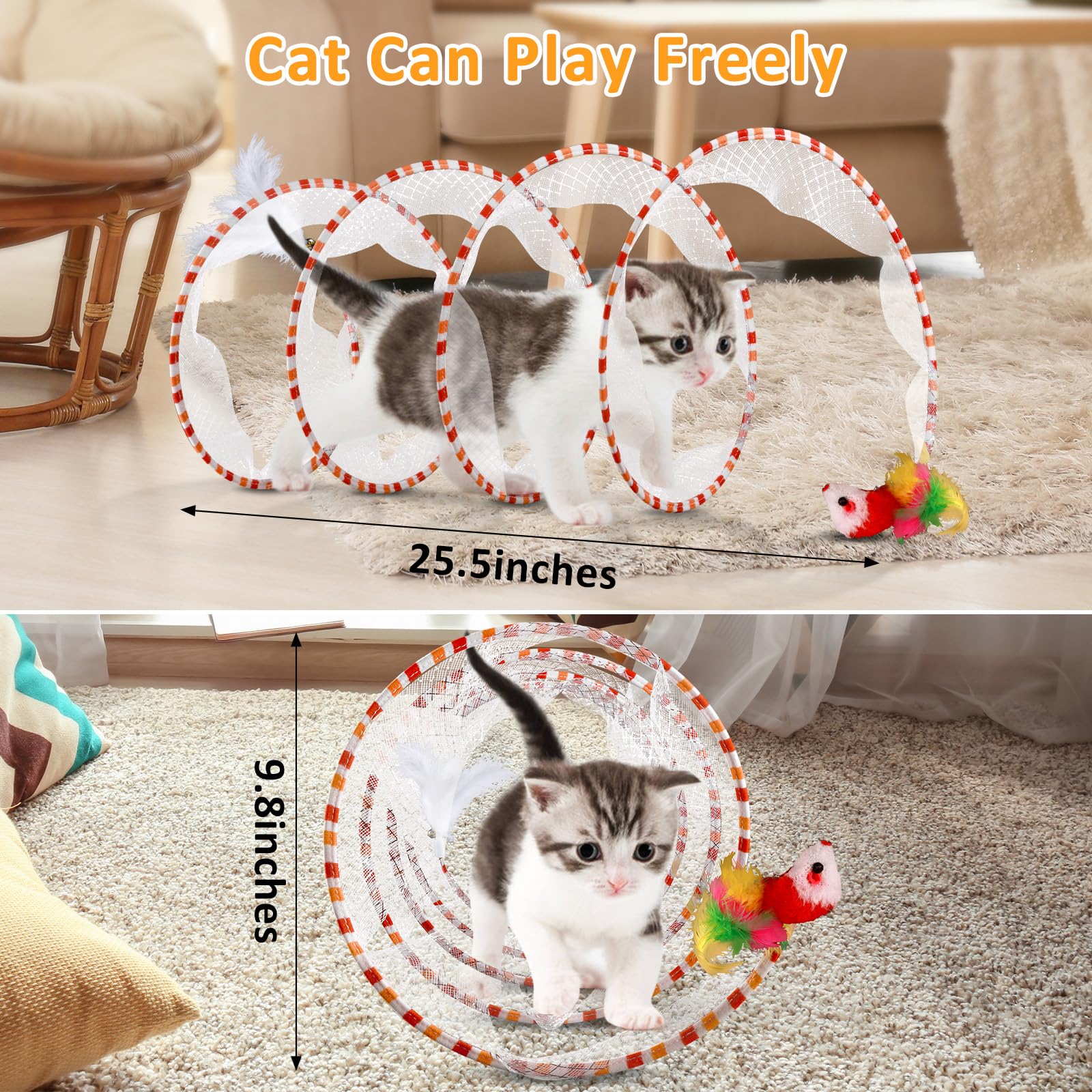 2-Piece Spiral Cat Tubes For Indoor Cats, Large Collapsible Tunnel With Feather Mouse Interactive Toy (Green & White + Green + O