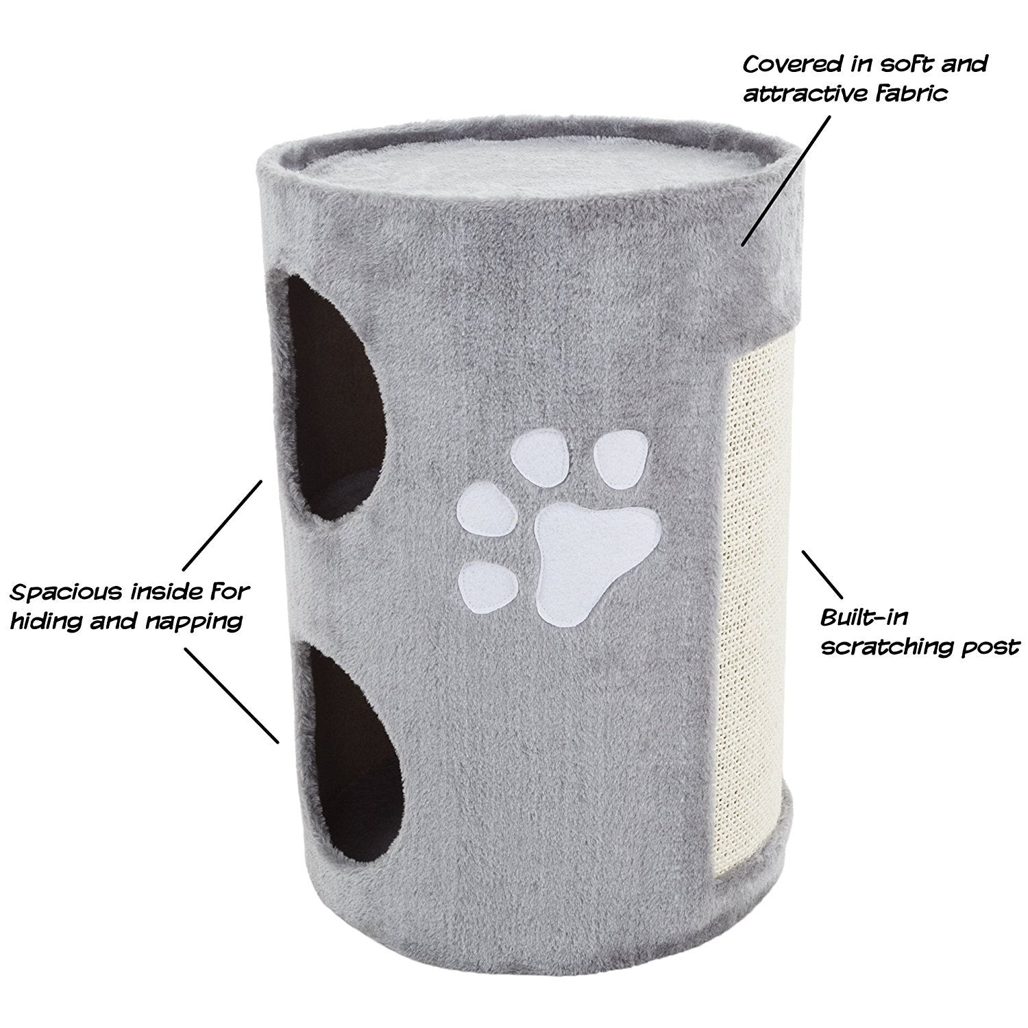 20.5-Inch Cat Condo - 2 Story Cat House With Sisal Scratch Pad, Barrel Shaped Pet House Covered In Soft Fabric By Petmaker (Gray