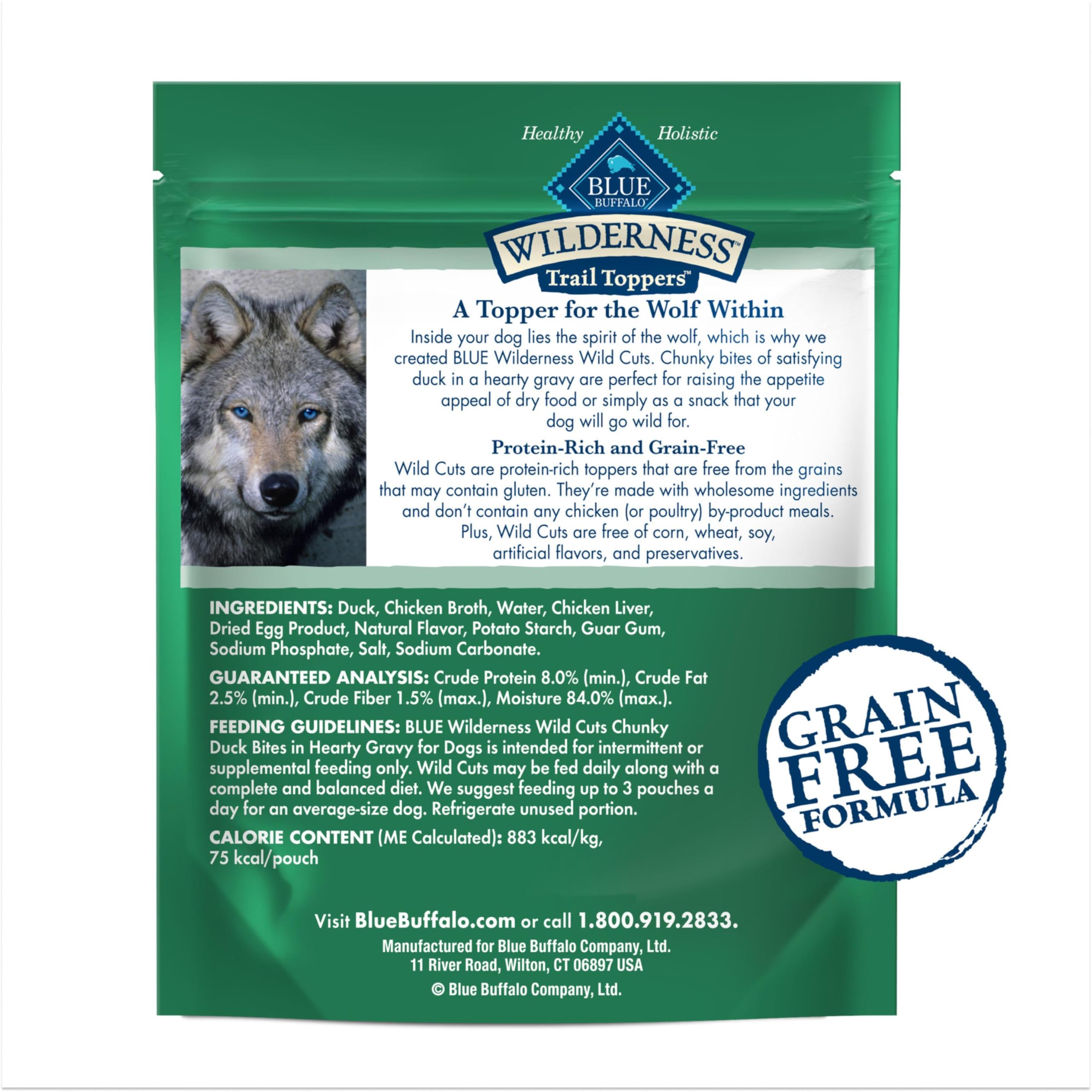 Blue Buffalo Wilderness Trail Toppers Wild Cuts Natural High-Protein Dog Wet Food, Duck Bites in Hearty Gravy, 3-oz Pouch, 24 Co