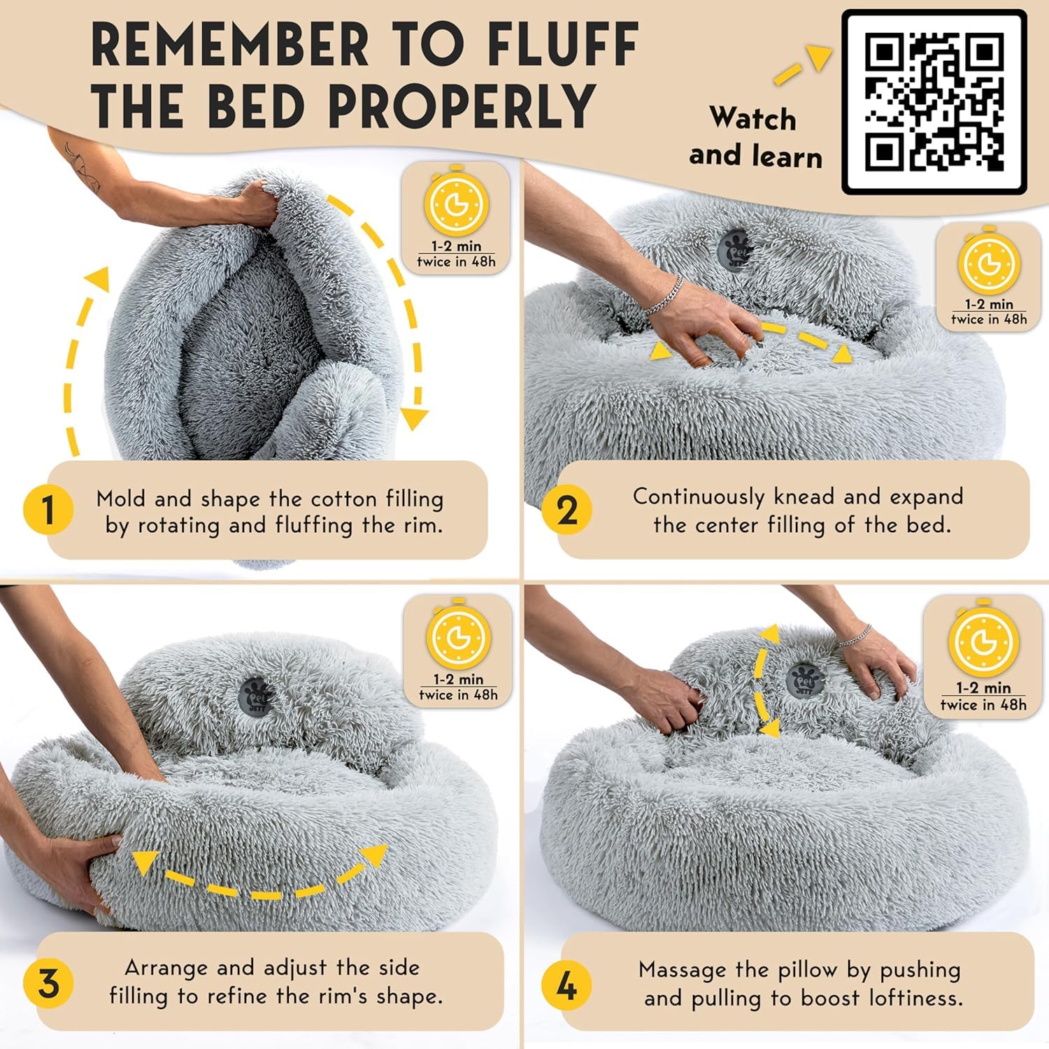 PetJett Calming Small Dog Bed - 23 Round Dog Beds, Anti-Slip & Washable Super Soft Fluffy Plush Faux Fur Pet Bed, Anti-Anxiety