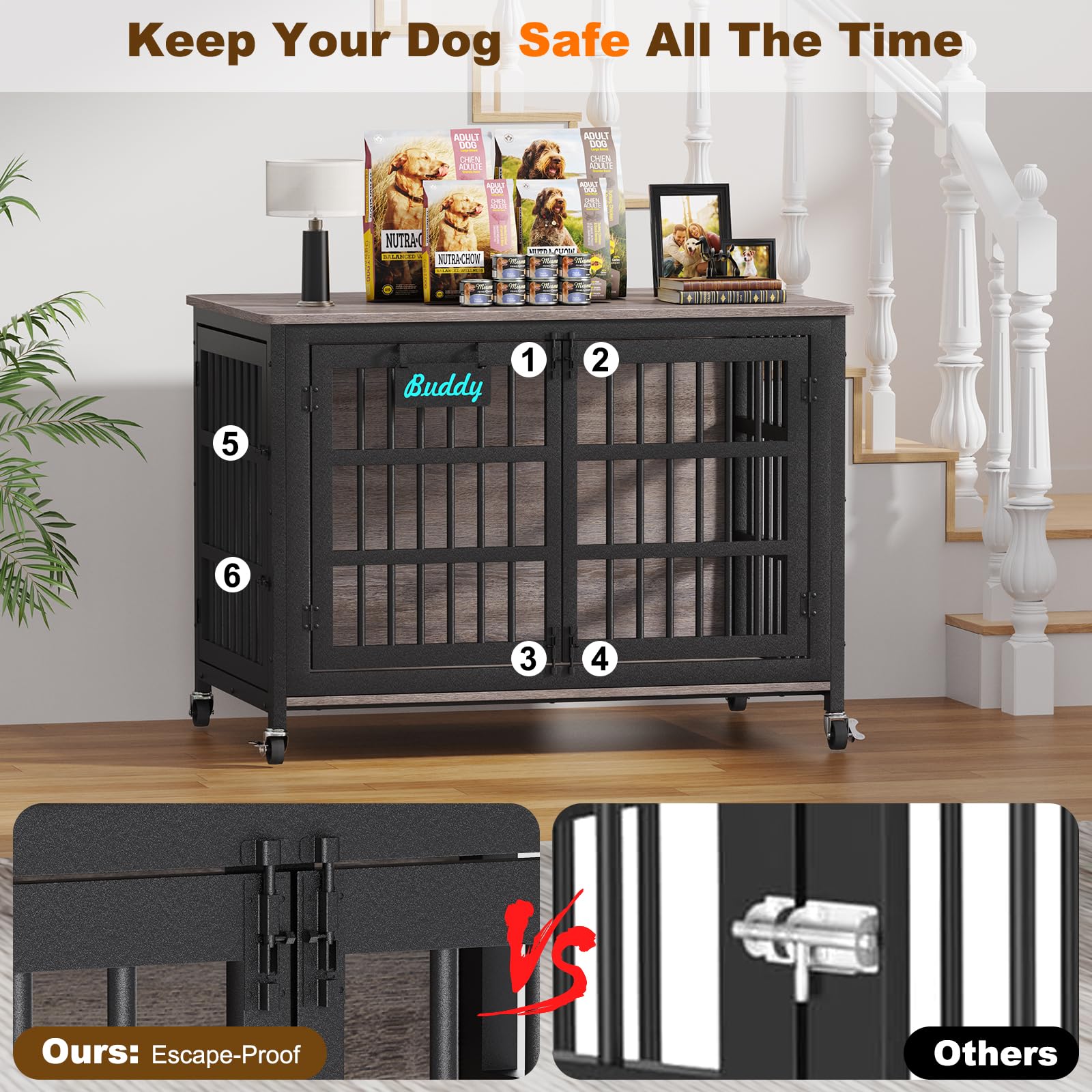 EasyCom 48/42/33 XXL Dog Crate Furniture with Casters, Heavy Duty Dog Kennel Indoor for Large Dogs, Escape-Proof and Chew-Proof