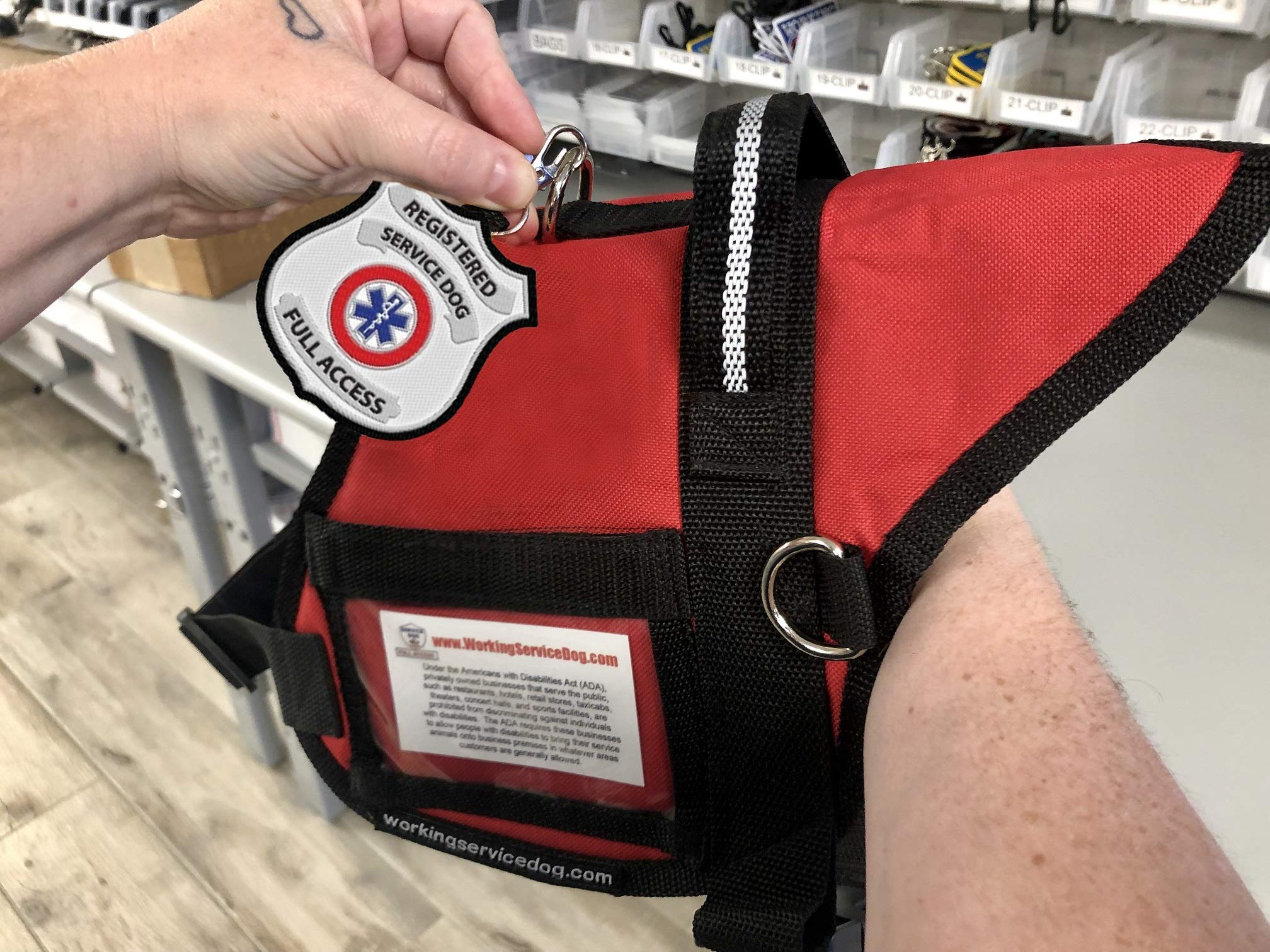 “Registered Service Dog” Identification Patch Tag | Clips On Service Dog Vest, Harness, Collar, Leash Or Carrier | Includes Five Service Dog Handout Cards