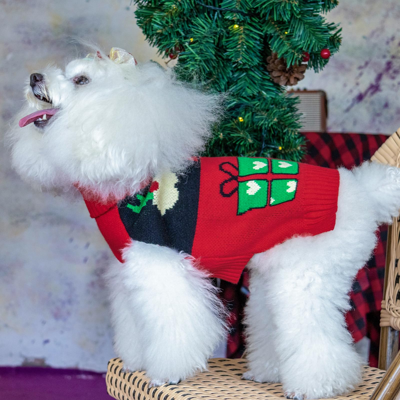 Cutebone Christmas Dog Sweater For Small Medium Dogs X-Mas Knit Puppy Sweater Turtleneck Pet Winter Clothes Cat Apparel With Har