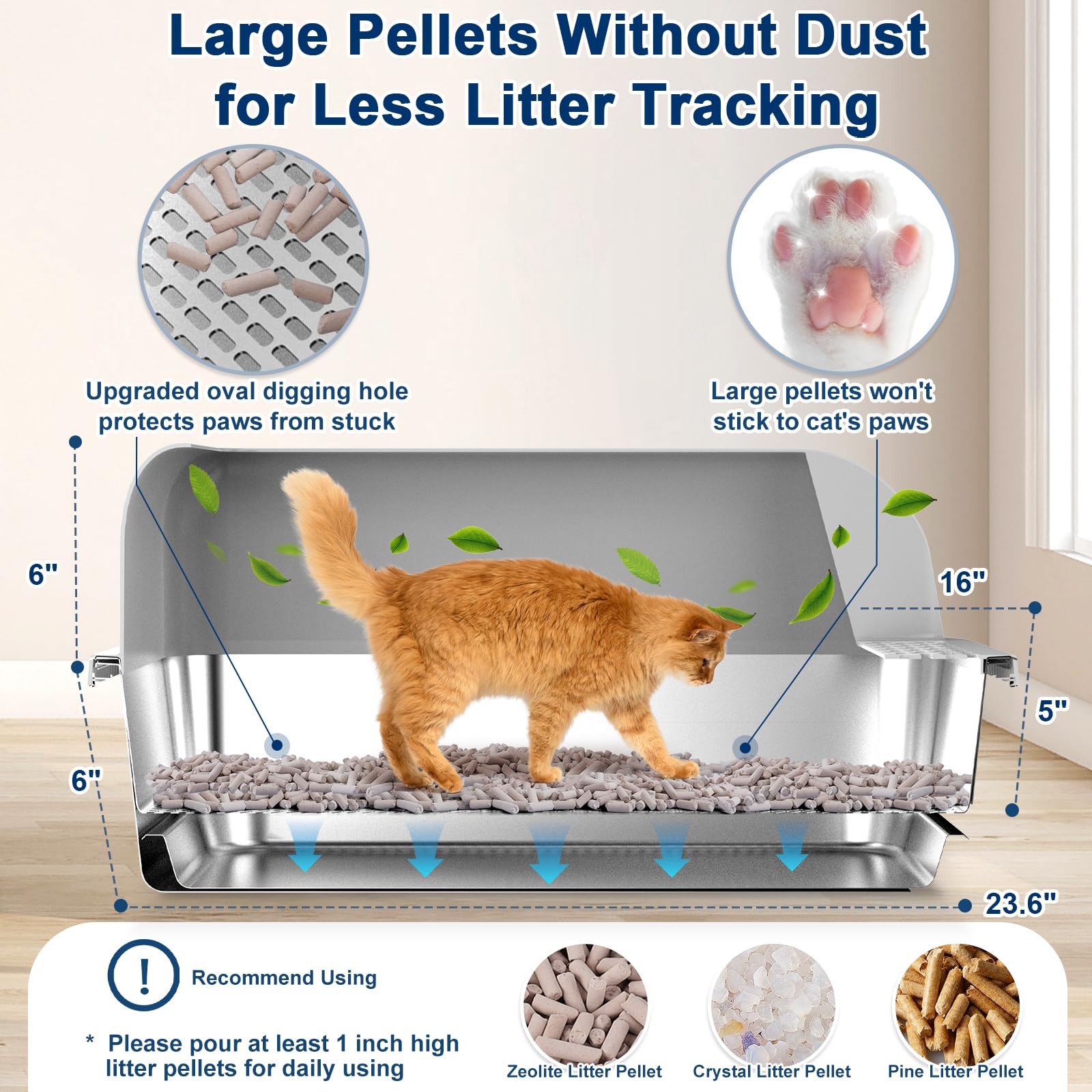 23.6x15.7x6 Enclosed Stainless Steel Litter Box with Lid, XL Sifting Litter Box for Pine Pellets with Removable Drawer Pan for E