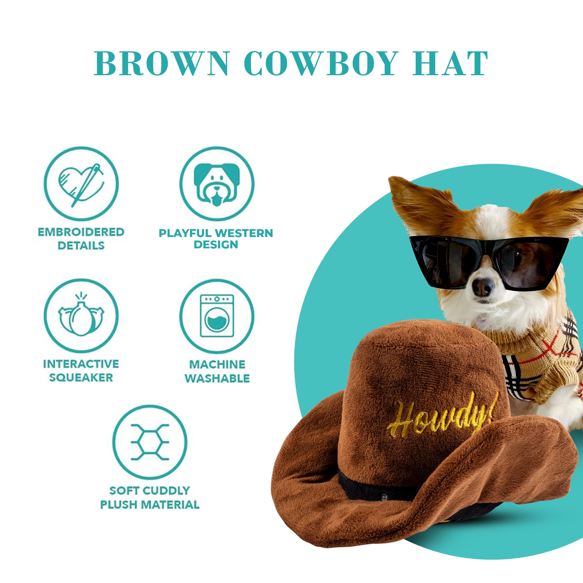 Haute Diggity Dog Cowboy Hat Plush Dog Toy for Medium & Large Dogs, Western-Inspired Stuffed Dog Toys with Interactive Squeaker,