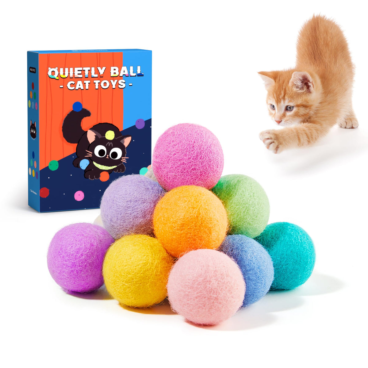 Potaroma 12 Pcs Quiet Play Felt Cat Ball Toys With Catnip Inside, Cat Kicker Exercise Toys, Fun Colorful Kitty Kitten Toys 1.6 I