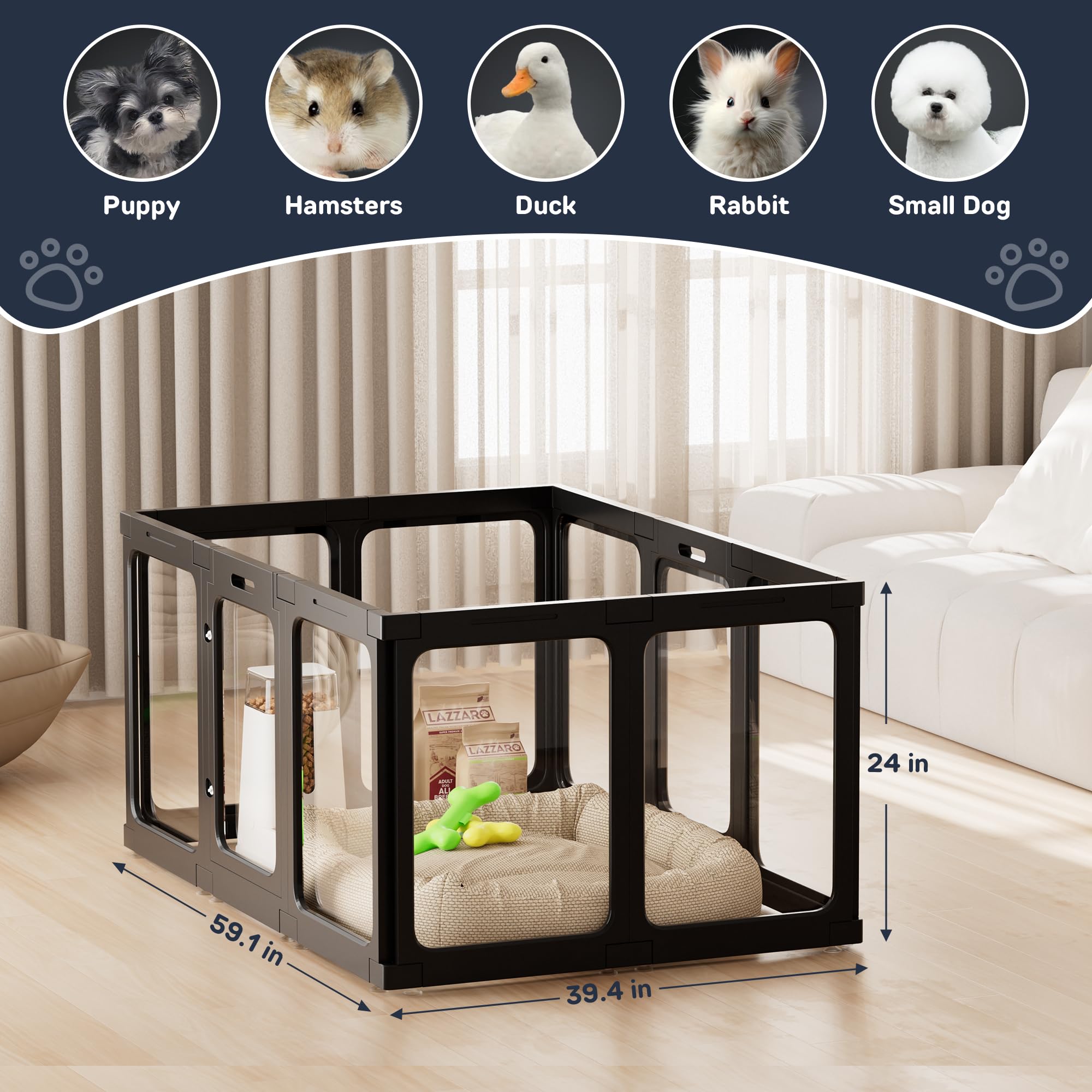 Jalove Dog Playpen, 24'' Acrylic Plastic Pet Playpen With Door, Puppy Playpen, Indoor Dog Pen, Foldable, Customizable, Black 2 P
