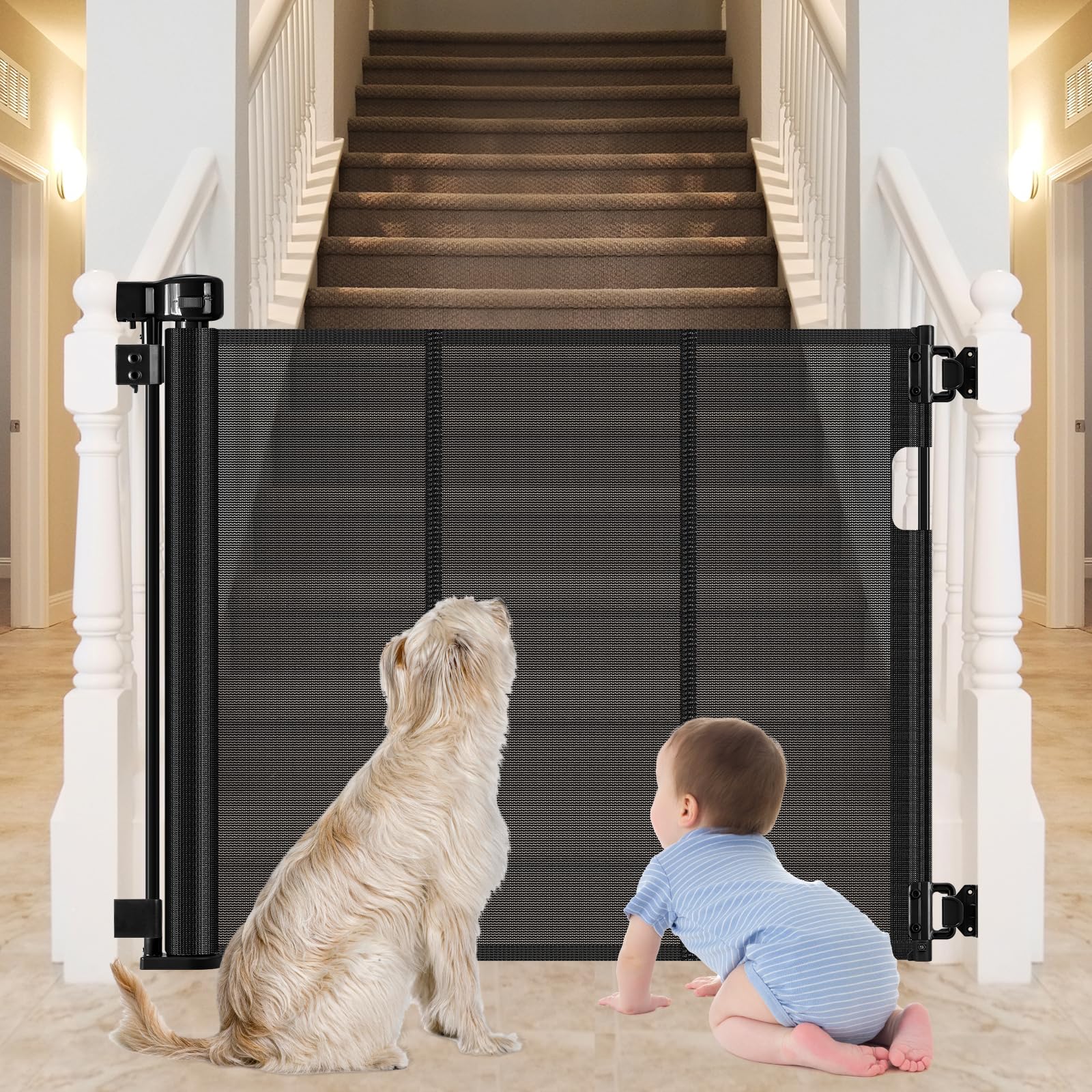 Reinforced Bottom Outdoor Retractable Gate for Stairs with Reinforced Bars Prevents Bottom Drilling Through Baby and Pet 80 Inch