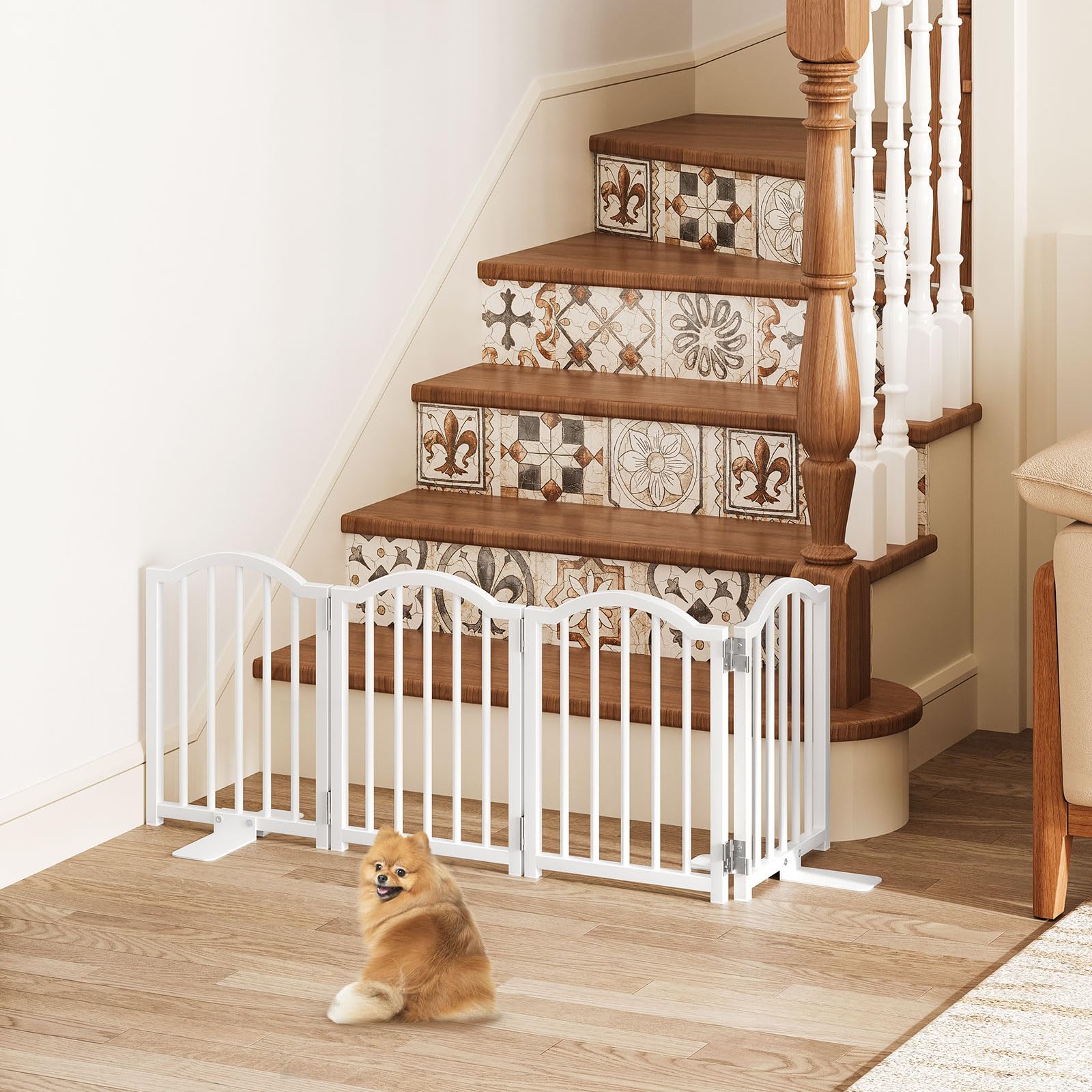 Snughome Freestanding Dog Gate - 16" High, 4 Panel, Expands to 48", Metal, White, Model 0811PSDD