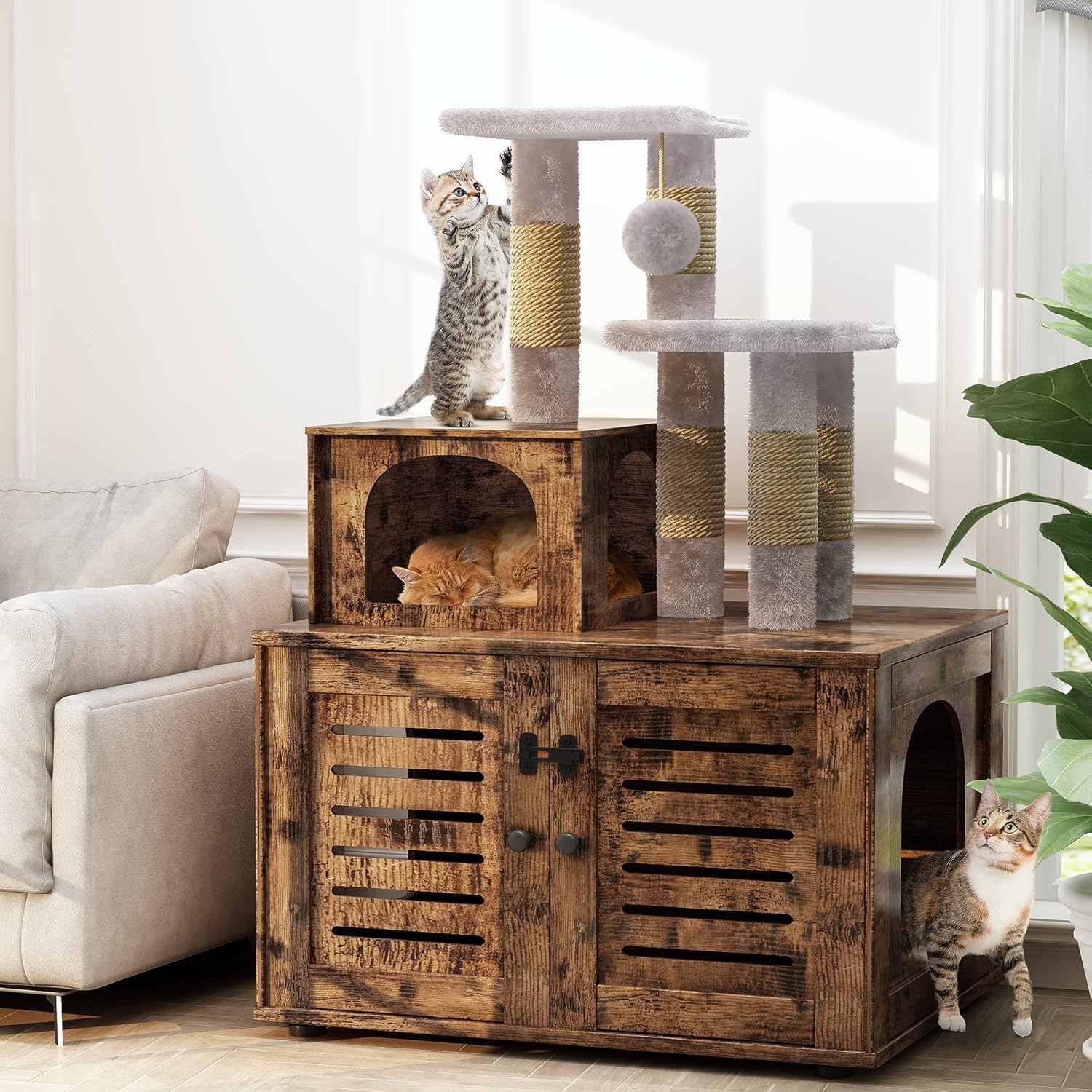 Cat Litter Box Enclosure with Cat Tree Tower 2-in-1 Hidden Pet Washroom Furniture with Scratching Post and Soft Plush Perch Plat